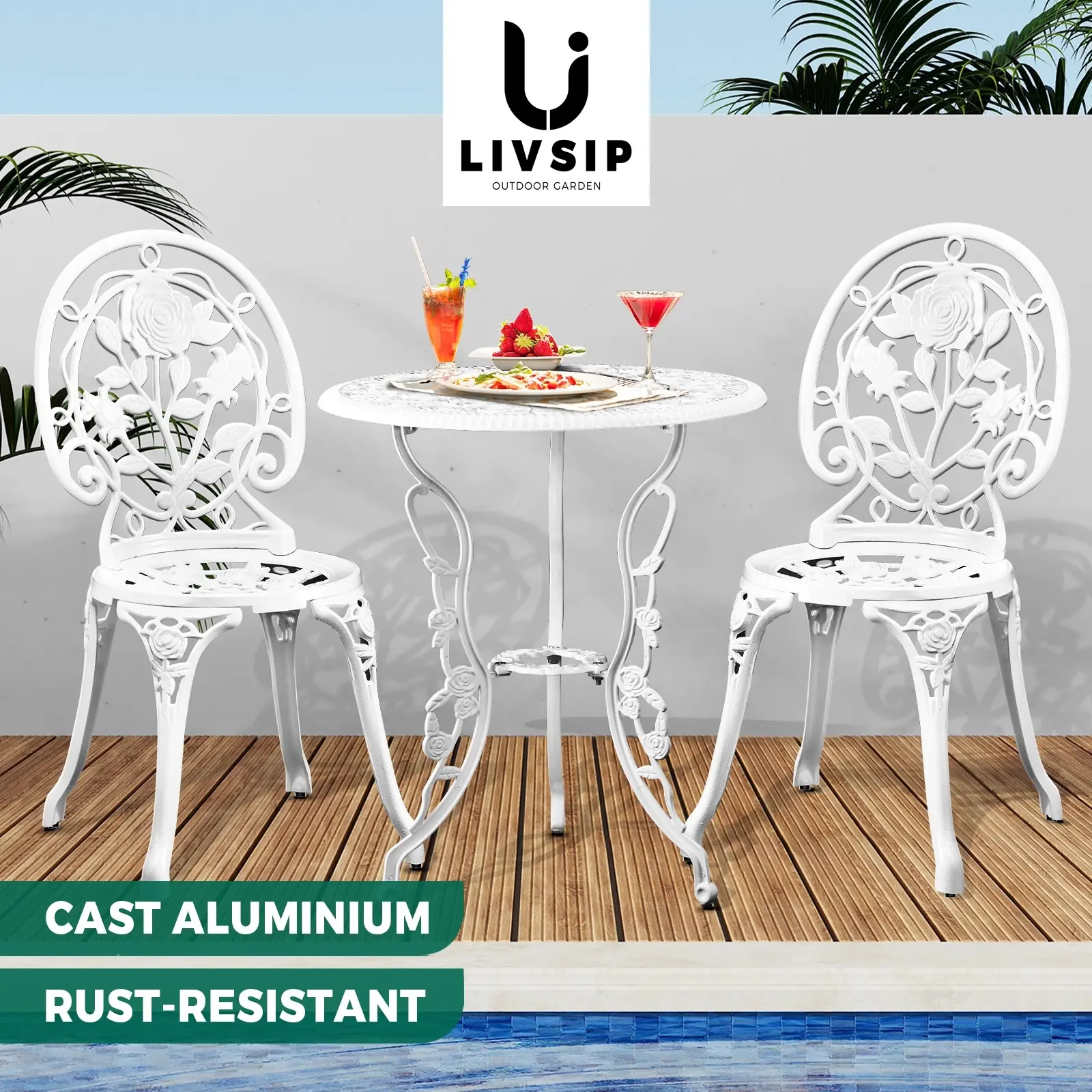 Livsip Outdoor Setting 3 Piece Bistro Chairs Table Set Cast Aluminum Patio Rose - Up to 65% off Outdoor Furniture