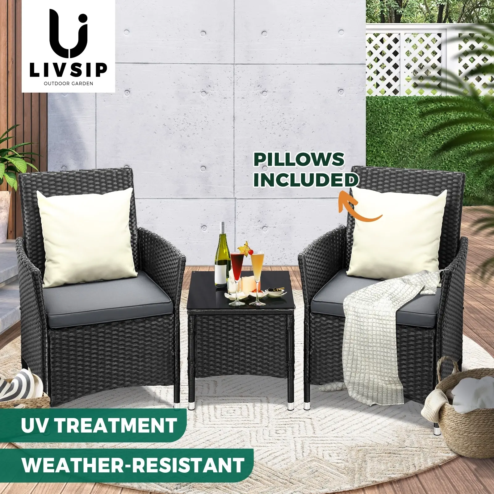 Livsip Outdoor Furniture 3 Piece Wicker Bistro Set Patio Chairs Table Garden - Up to 65% off Outdoor Furniture
