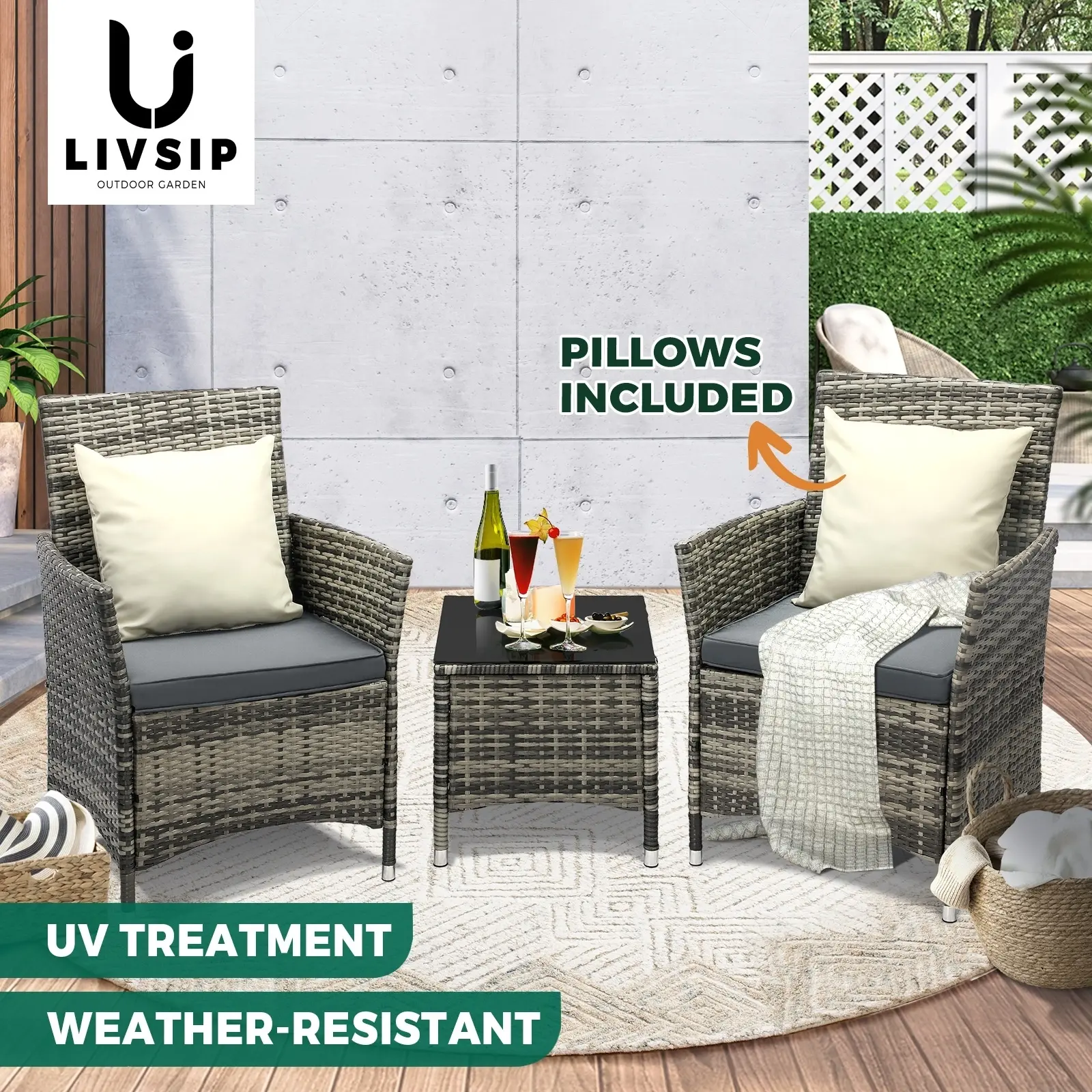 Livsip Outdoor Furniture Setting 3 Piece Wicker Bistro Set Patio Chairs Table - Up to 65% off Outdoor Furniture