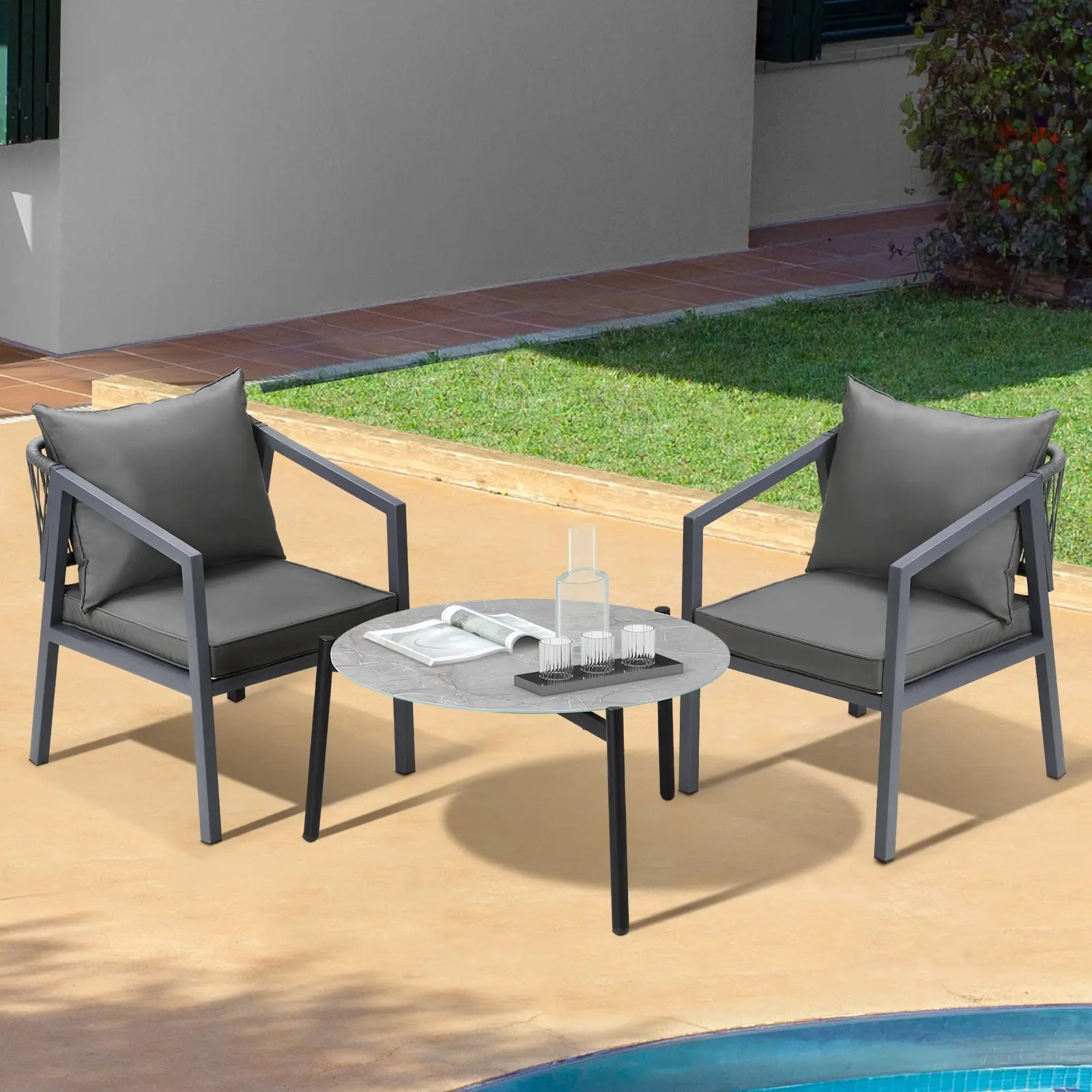 Livsip 3PCS Outdoor Patio Setting Furniture Lounge Set Grey 70cm Coffee Table ACCOR Chairs