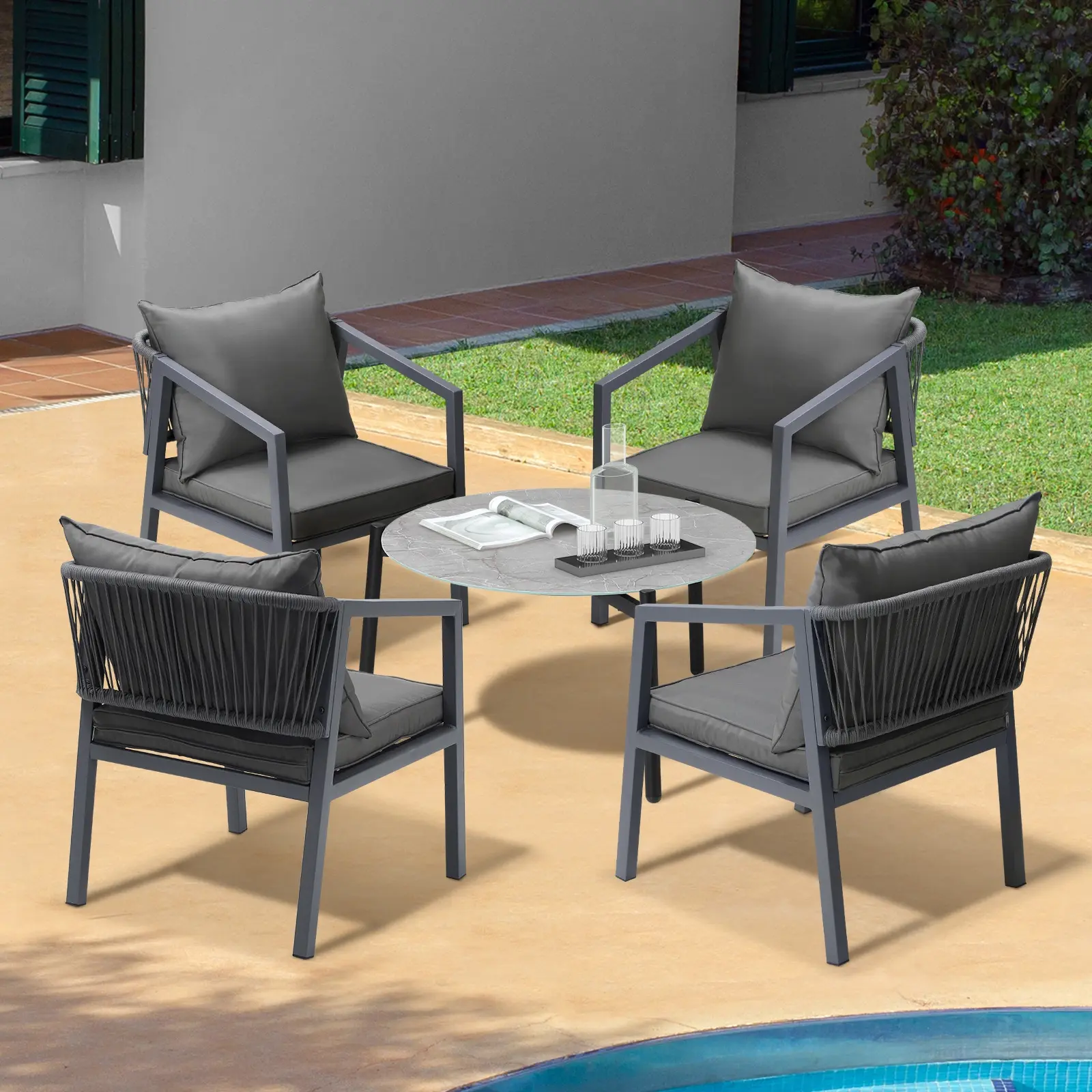 Livsip 5PCS Outdoor Patio Setting Furniture Lounge Set Grey 70cm Coffee Table ACCOR Chairs