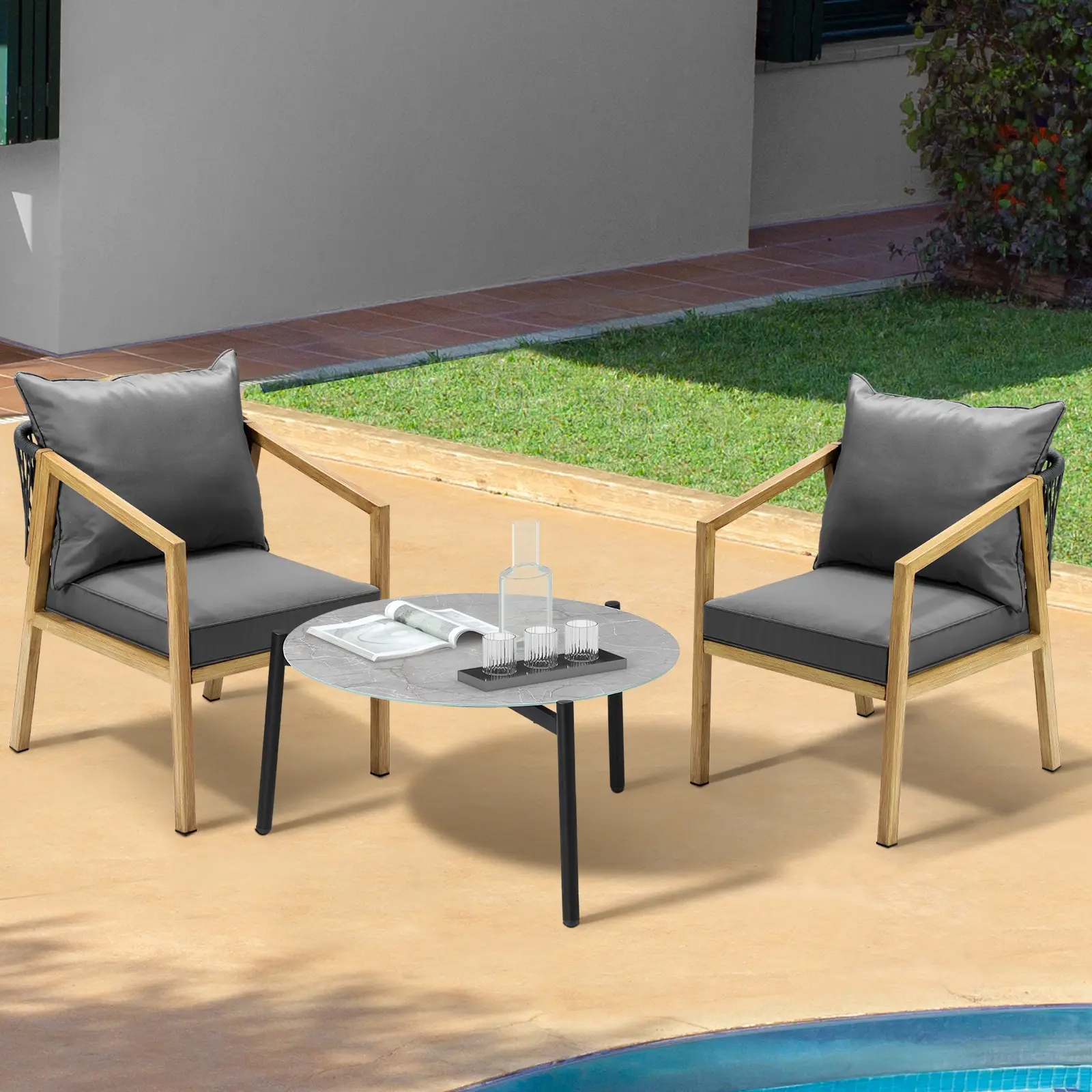 Livsip 3PCS Outdoor Patio Setting Furniture Lounge Set Grey 70cm Coffee Table