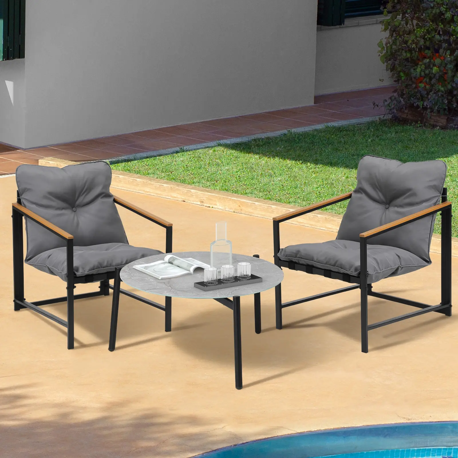 Livsip 3PC Outdoor Patio Furniture Set Bistro Sets 70CM Round Grey Marble Table