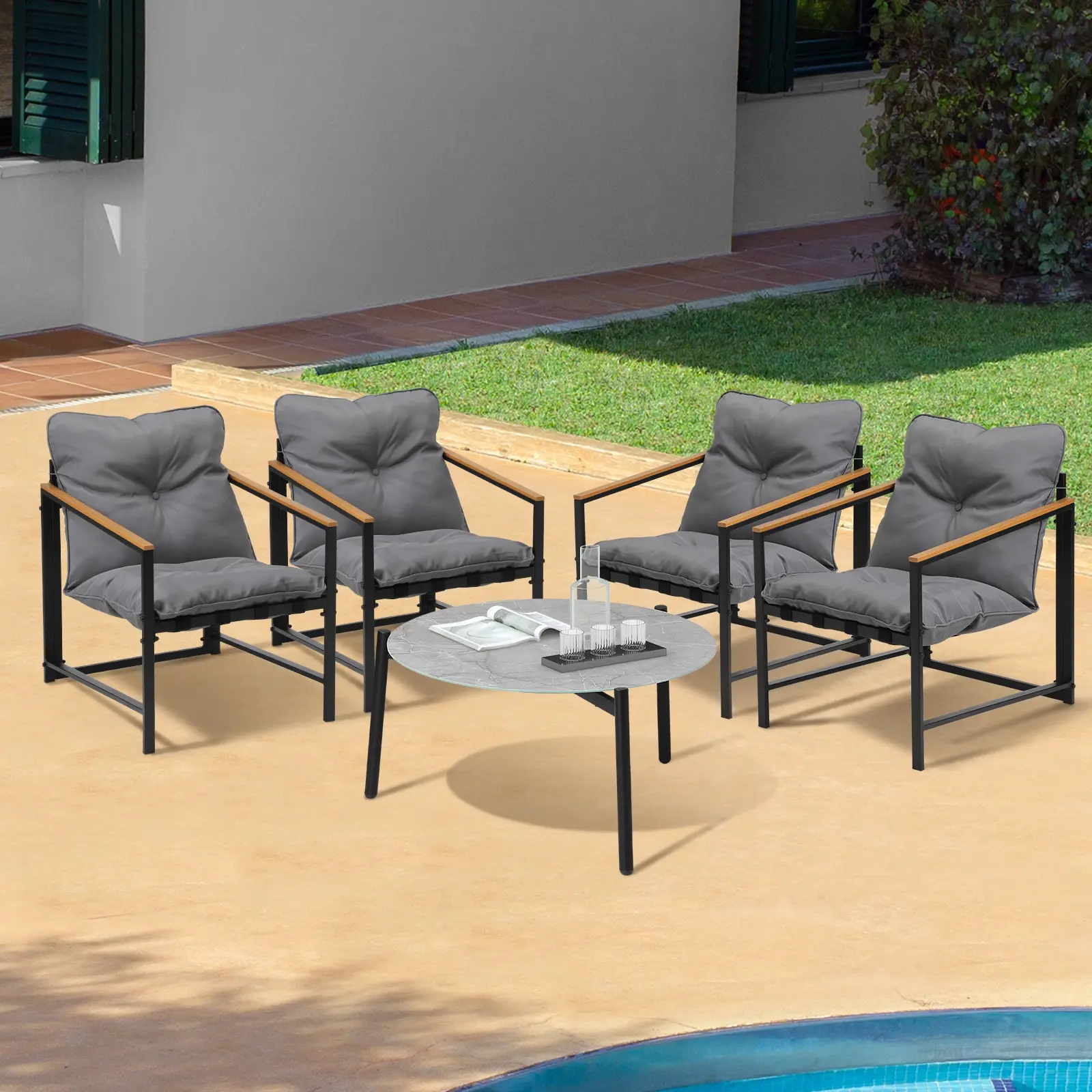 Livsip 5PC Outdoor Patio Furniture Set Bistro Sets 70CM Round Grey Marble Table