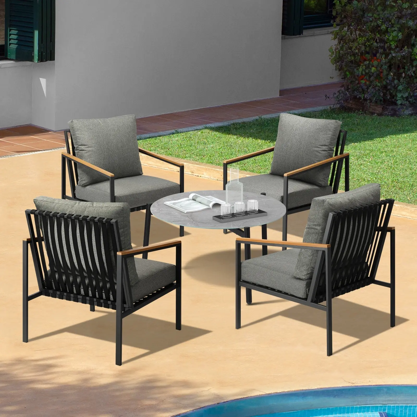Livsip Outdoor Patio Lounge Set Furniture Coffee Grey 70cm Table Sofa Chairs 5PC