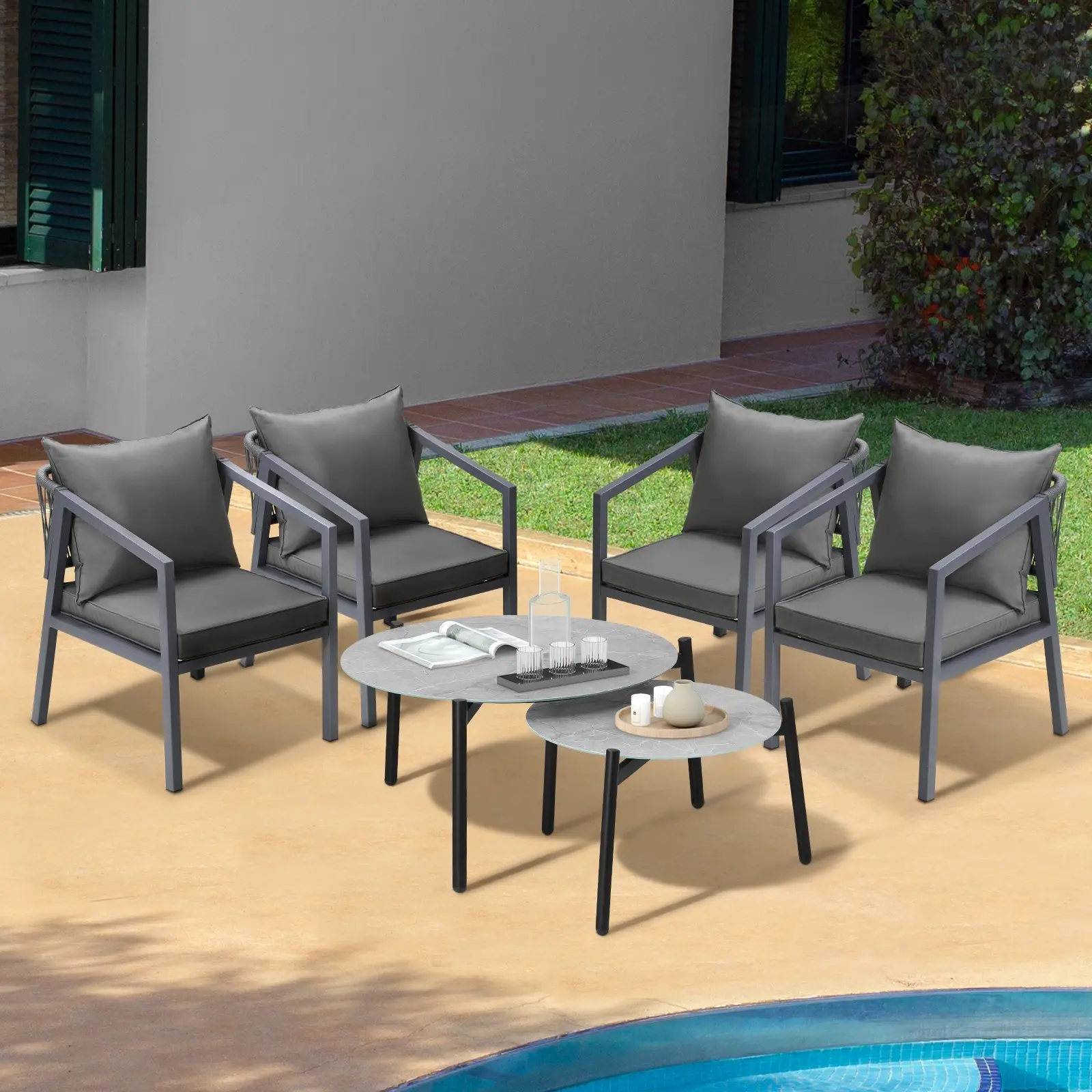 Livsip 6PCS Outdoor Patio Setting Furniture Lounge Grey 70cm Coffee Table Set ACCOR Chairs