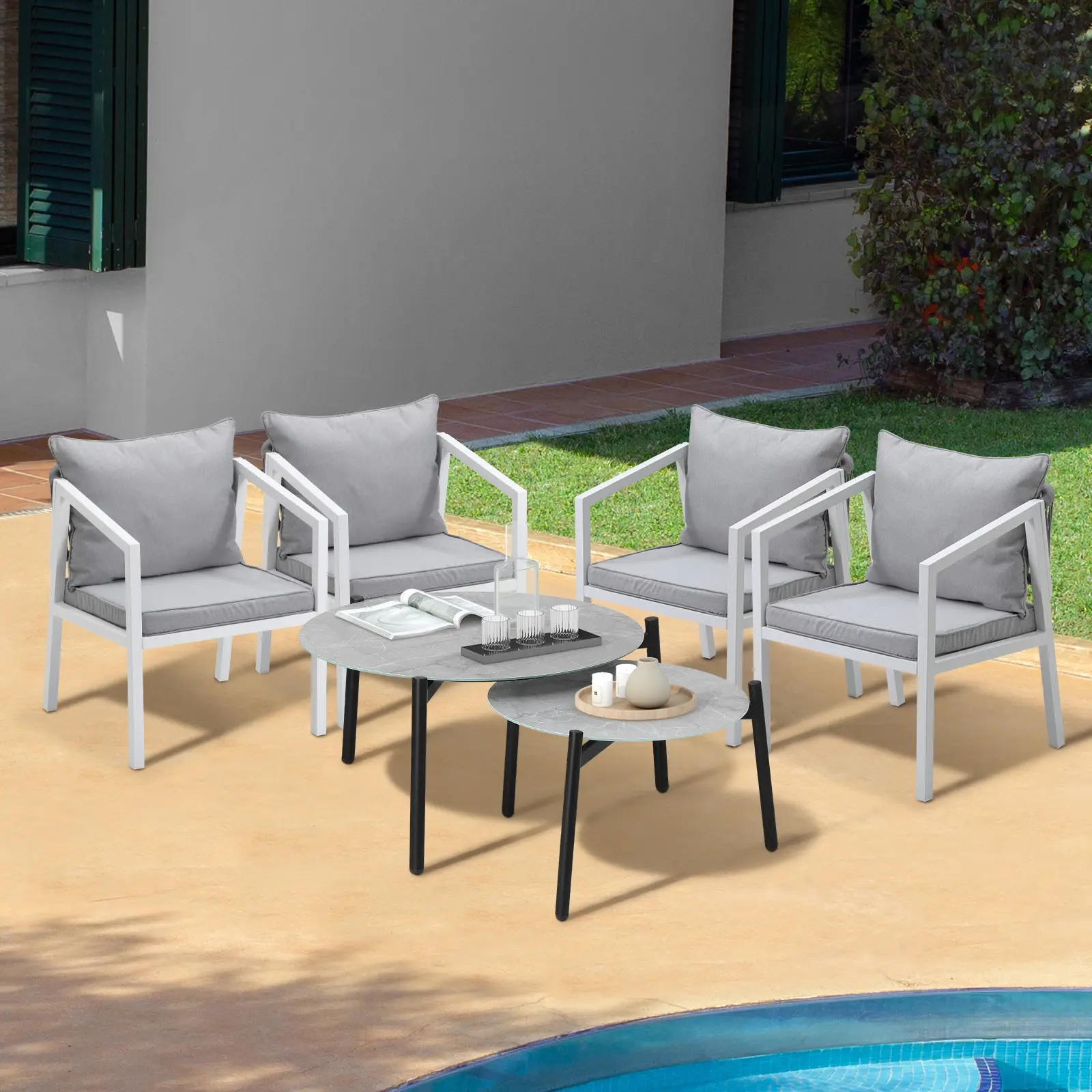 Livsip 6PCS Outdoor Patio Setting Furniture Lounge Grey 70cm Coffee Table Set ACCOR White Chairs