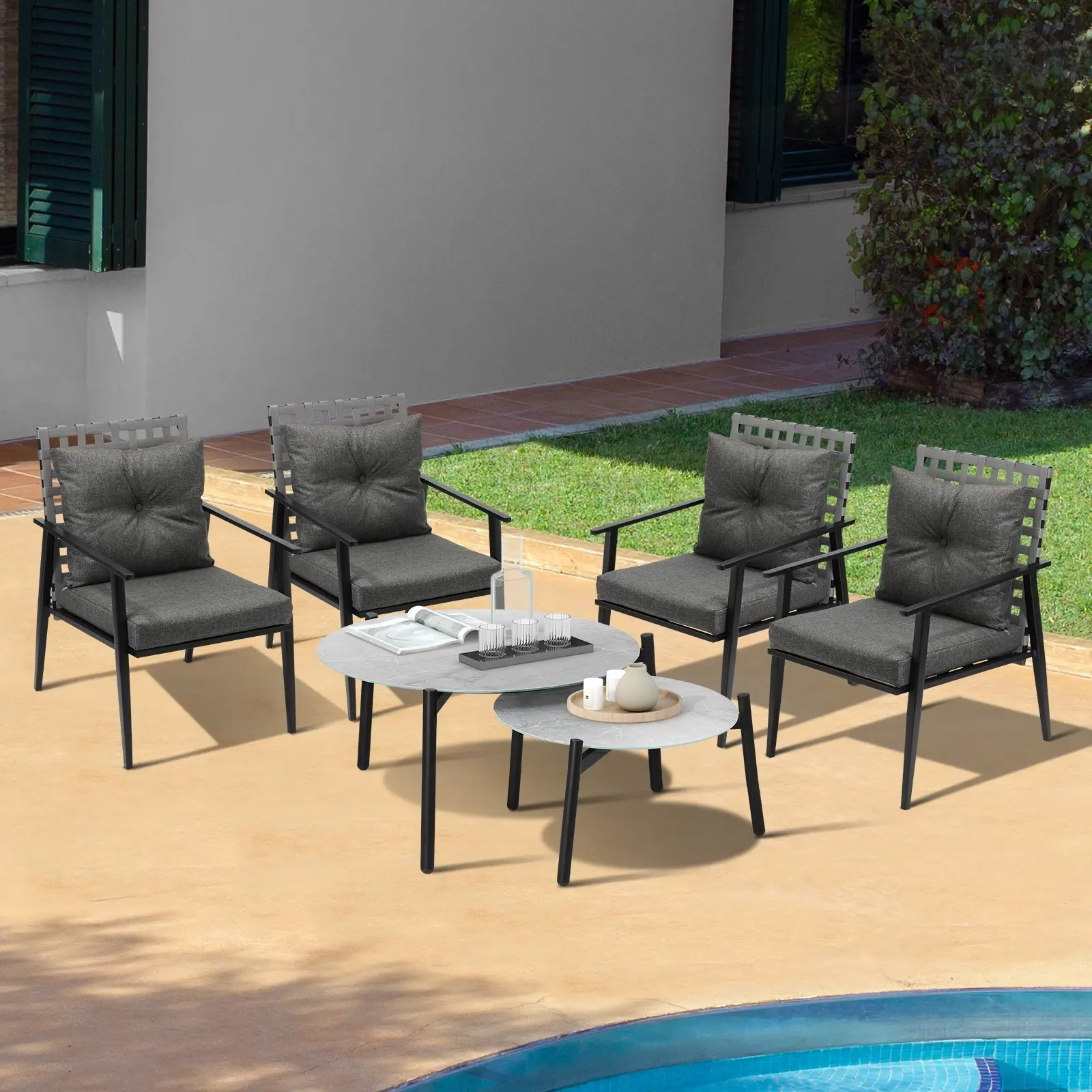 Livsip Outdoor Patio Lounge Set 2pc Grey Marble Table Sets 4pc Rattan Chairs - Furniture