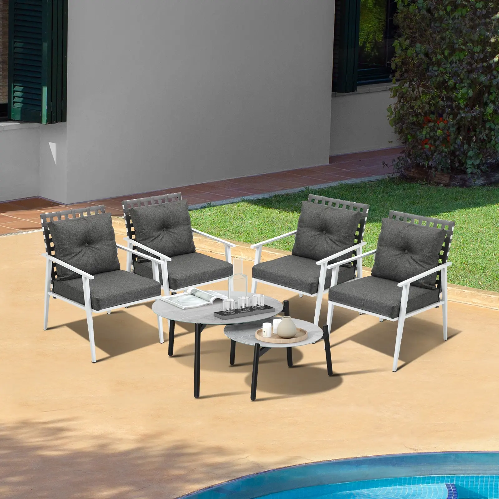 Livsip Outdoor Lounge Sets 6pc Patio Set Grey Round Table 4pc Rattan Chairs - Furniture