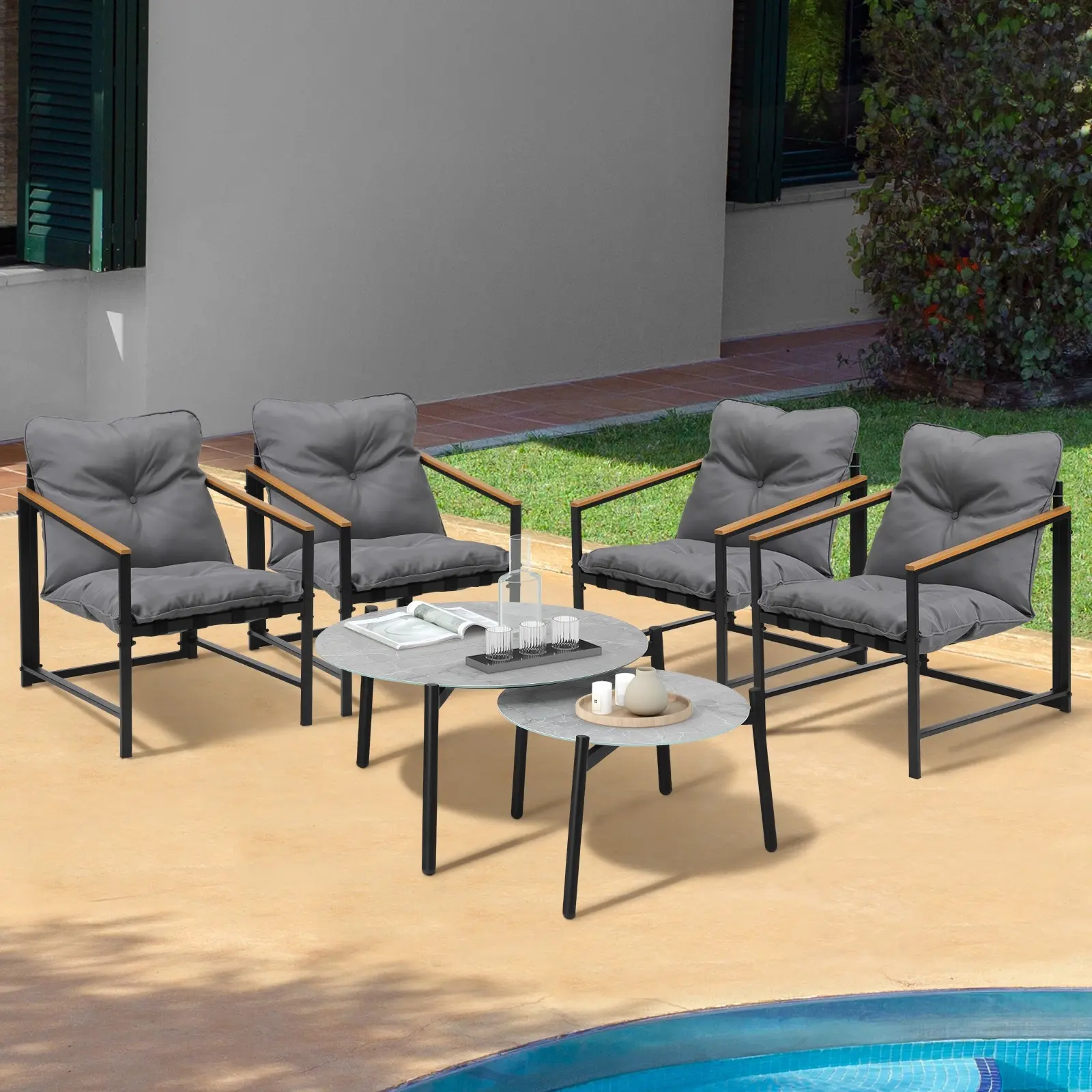 Livsip 6PC Outdoor Patio Furniture Set 70CM Round Grey Marble Table Sets