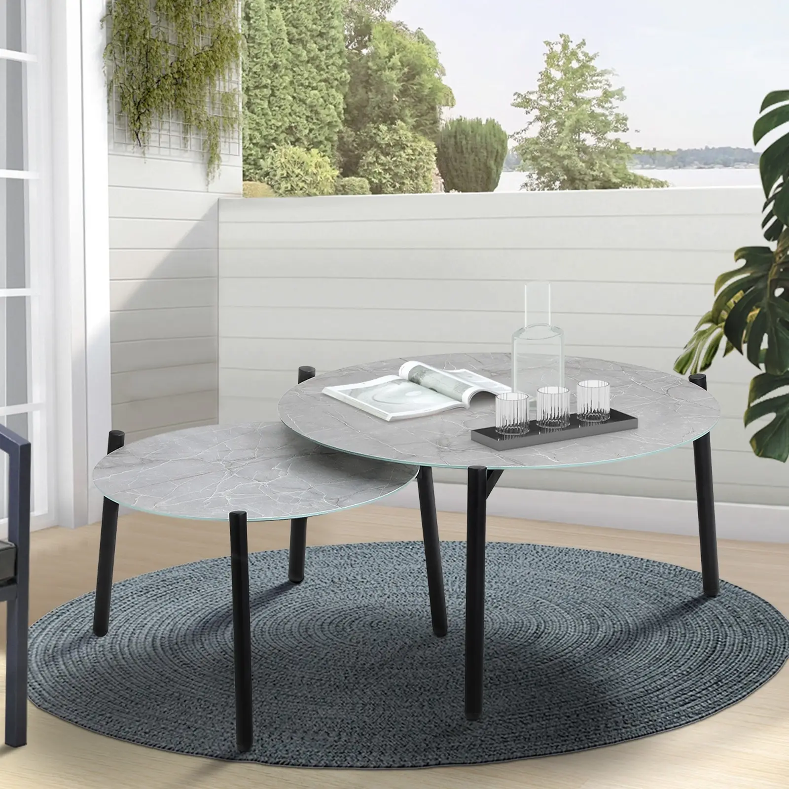 Livsip Outdoor Coffee Side Marble Table Set Desk Patio Furniture Garden Grey 2PC