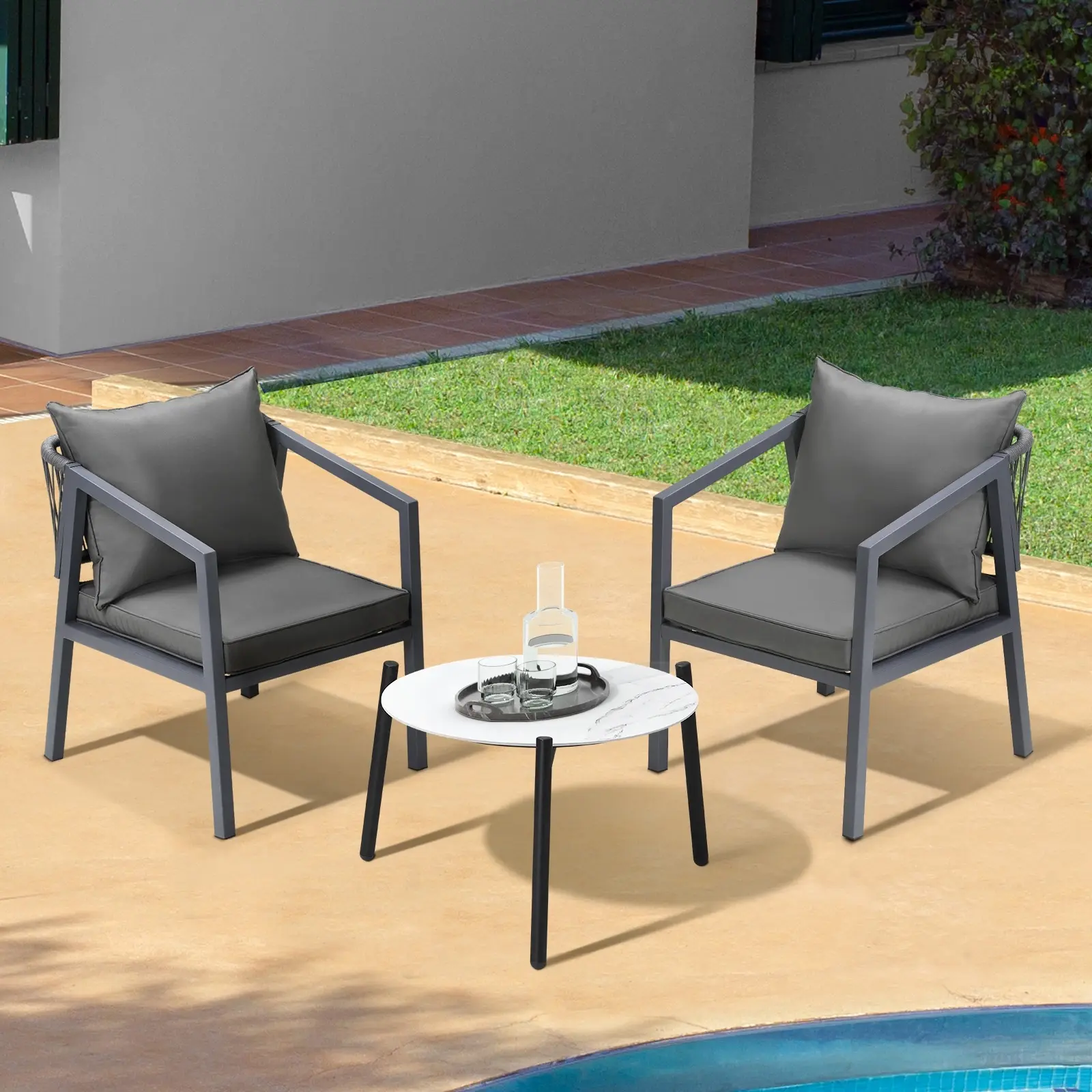 Livsip 3PCS Outdoor Patio Setting Furniture Lounge Set White 50cm Coffee Table Grey Table