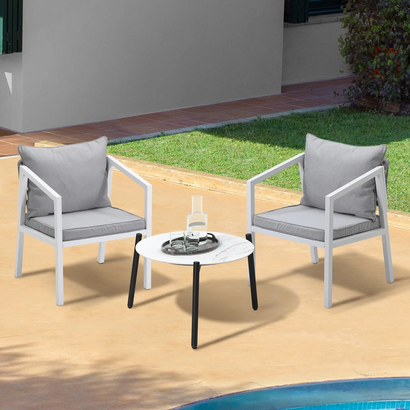 Livsip Outdoor Patio Setting 3PCS Furniture Lounge Set White 50cm Coffee Table
