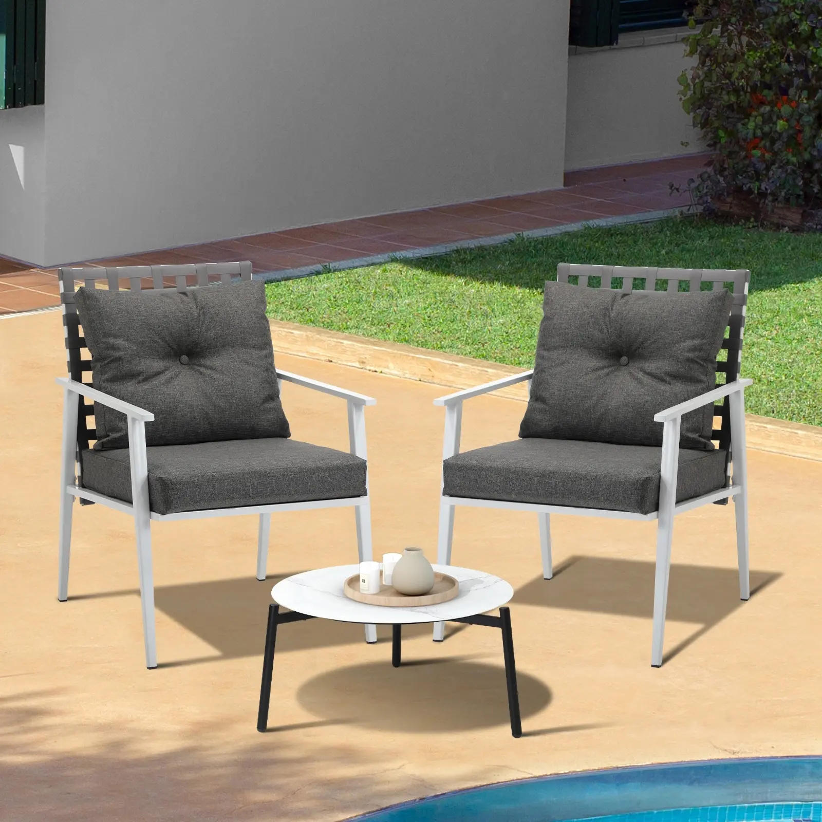 Livsip 3pc Outdoor Lounge Sets Patio Set 50CM White Round Table Rattan Chairs - Furniture