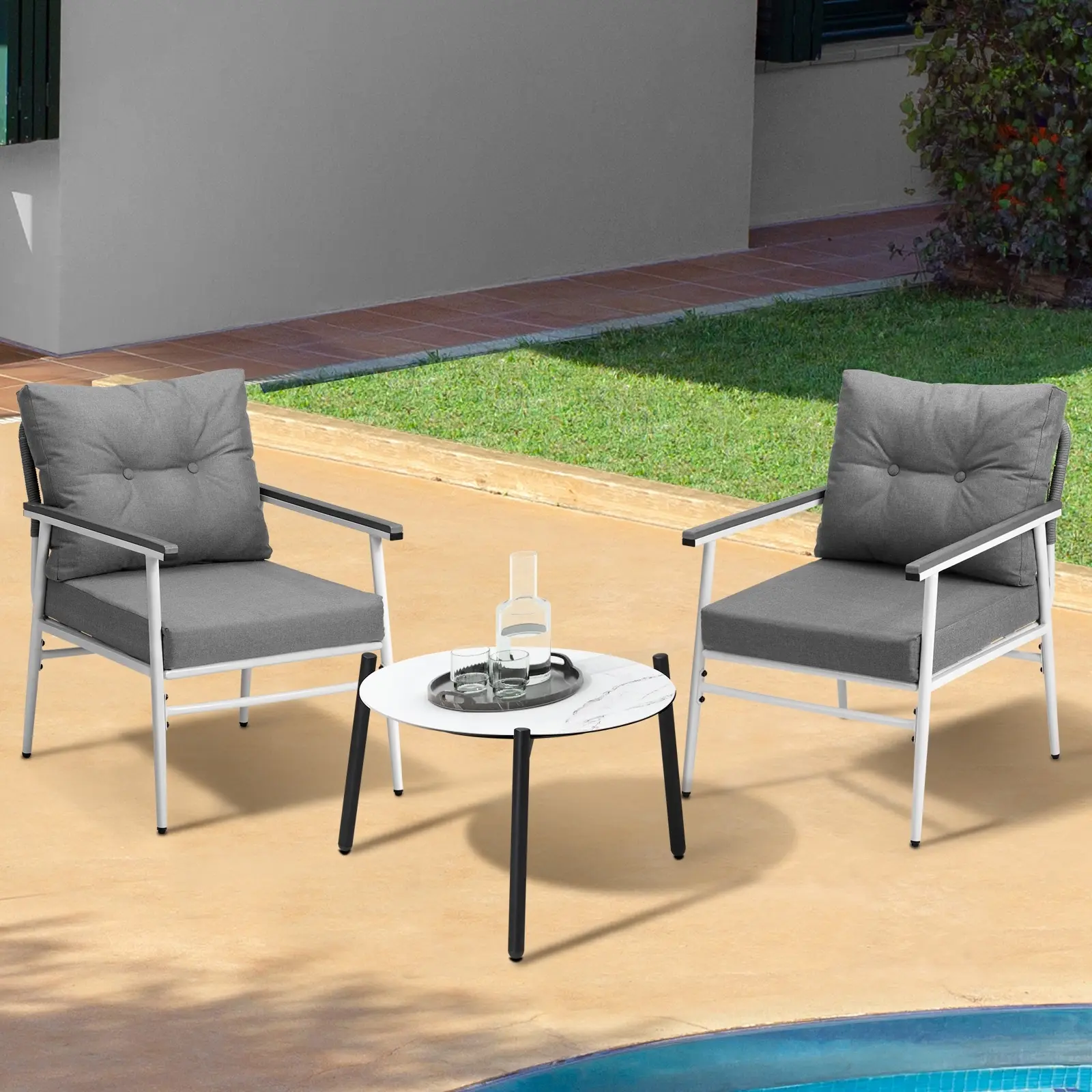 Livsip Outdoor Patio Setting 3PC Bistro Lounge Furniture Set 50cm White Table