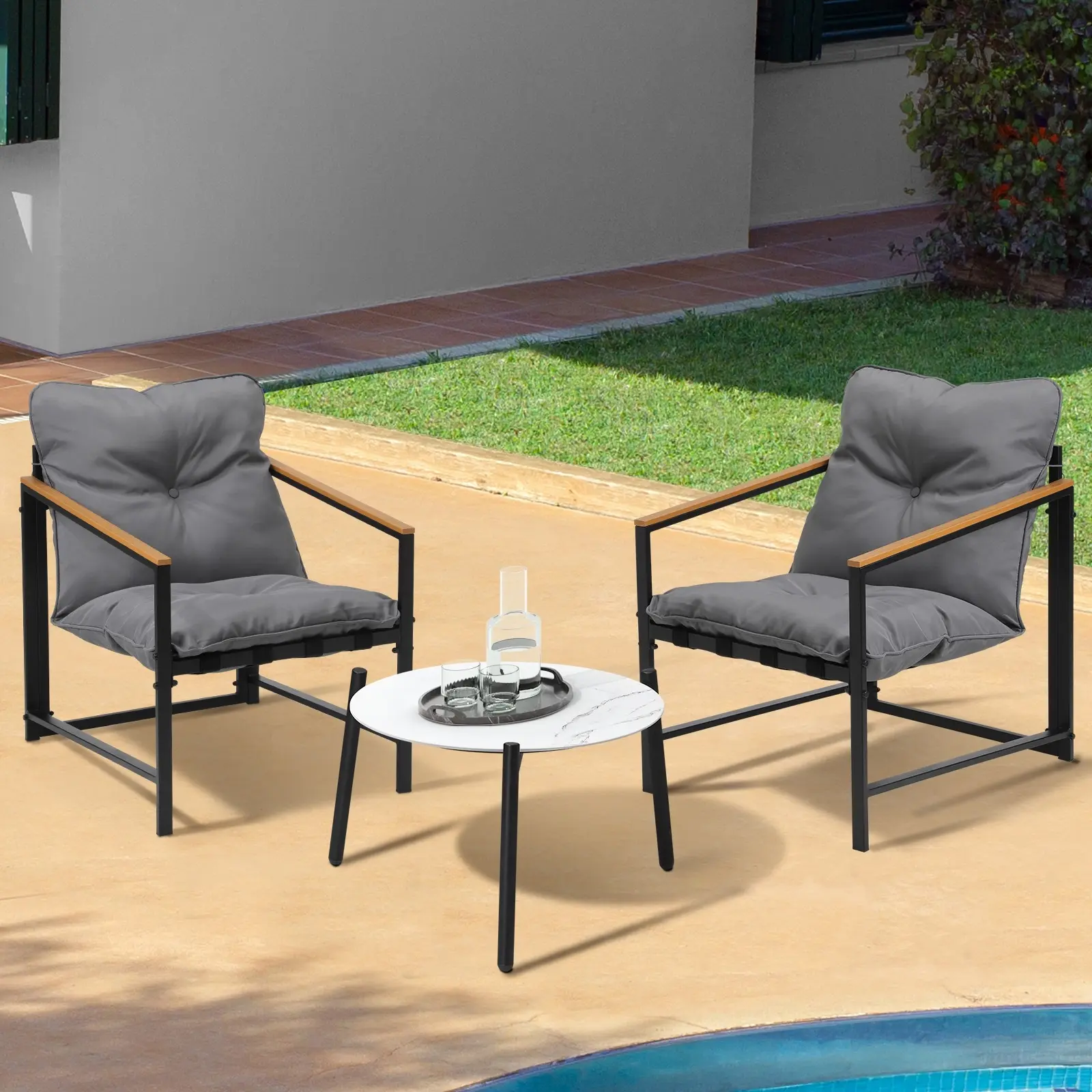 Livsip 3PC Outdoor Patio Furniture Set Bistro Sets 50CM Round White Marble Table