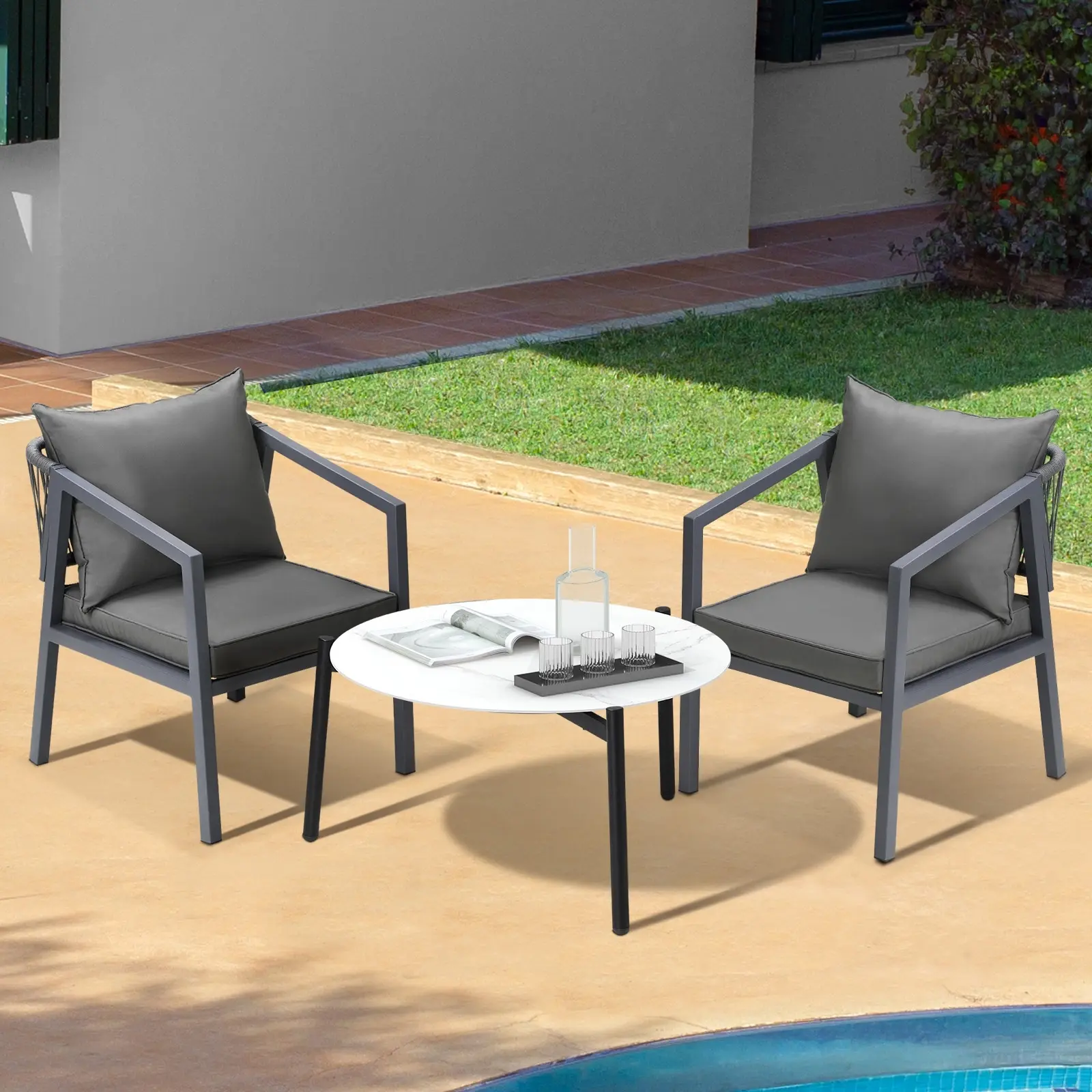 Livsip 3PCS Outdoor Patio Setting Furniture Lounge Set White 70cm Coffee Table ACCOR Chairs