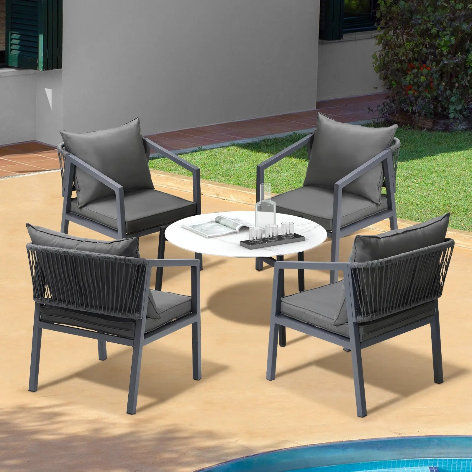 Livsip 5PCS Outdoor Patio Setting Furniture Lounge Set White 70cm Coffee Table ACCOR Chairs