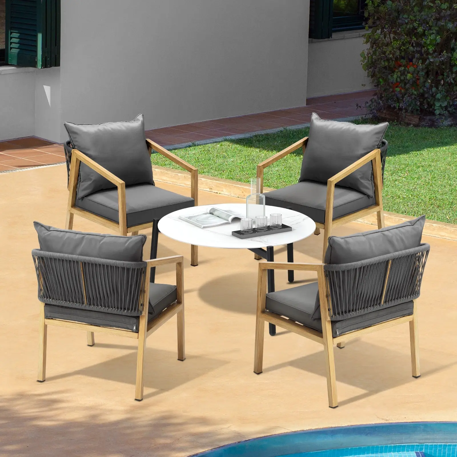 Livsip 5PCS Outdoor Patio Setting Furniture Lounge Set White 70cm Coffee Table ACCOR Natural Chairs