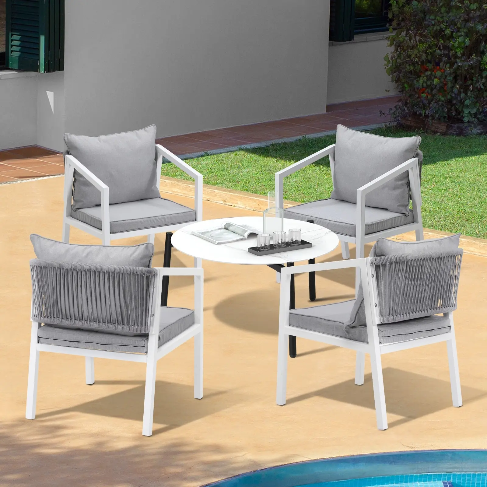 Livsip Outdoor Patio Setting 5PCS Furniture Lounge Set White 70cm Coffee Table