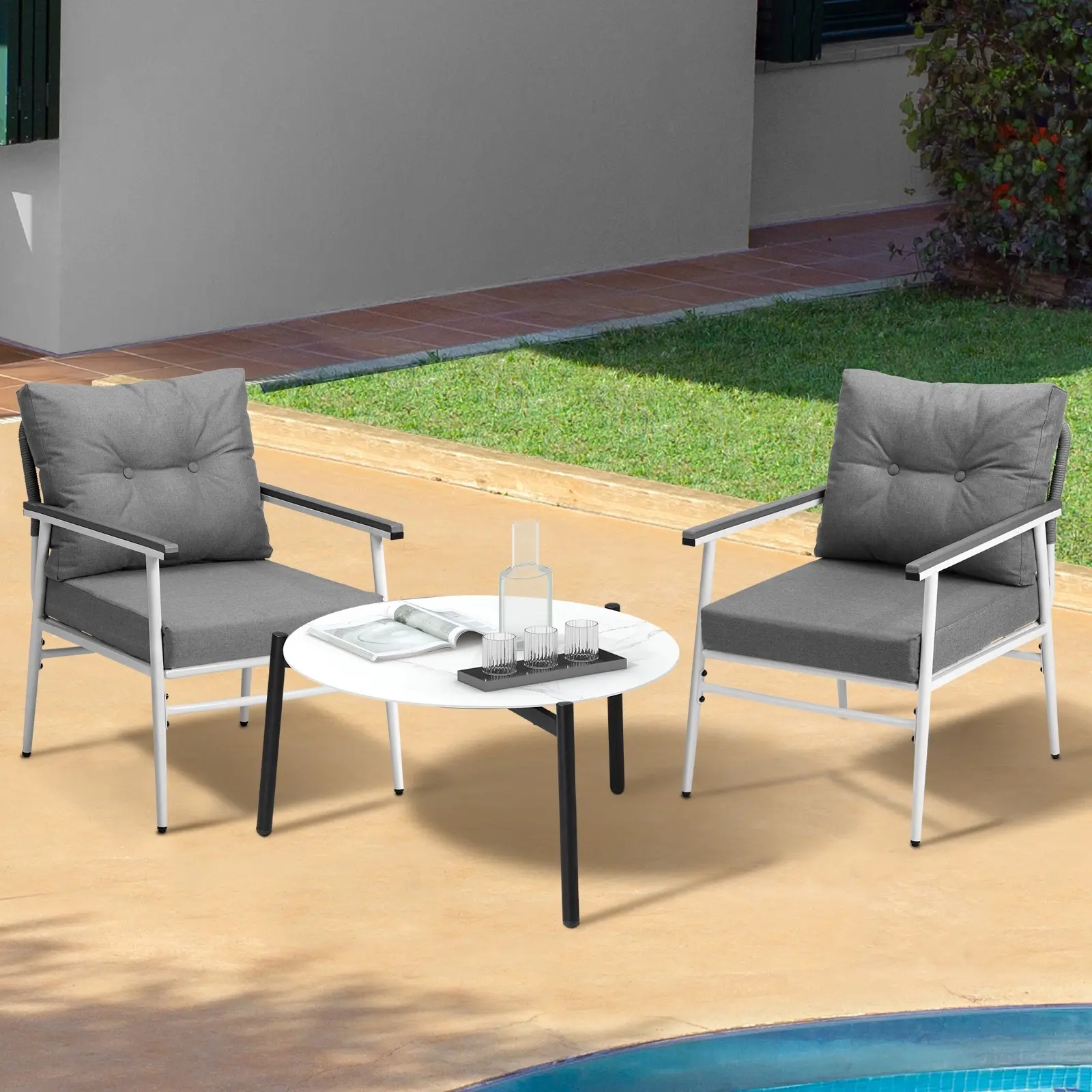 Livsip Outdoor Patio Setting 3PC Bistro Lounge Furniture Set 70cm White Table