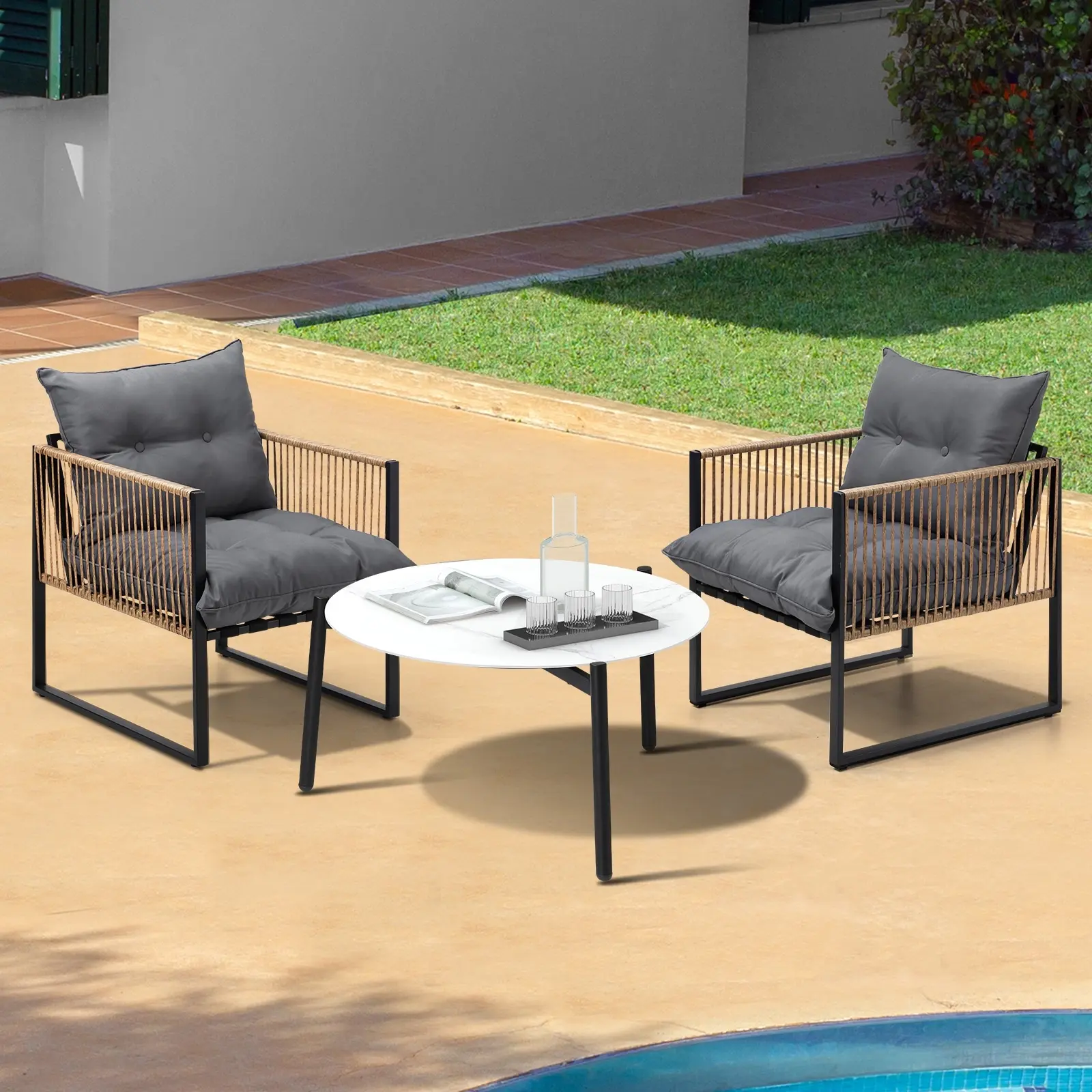 Livsip Outdoor Patio Set Furniture White 70cm Coffee Table Rattan Chairs 3PCS - Up to 65% off Outdoor Furniture