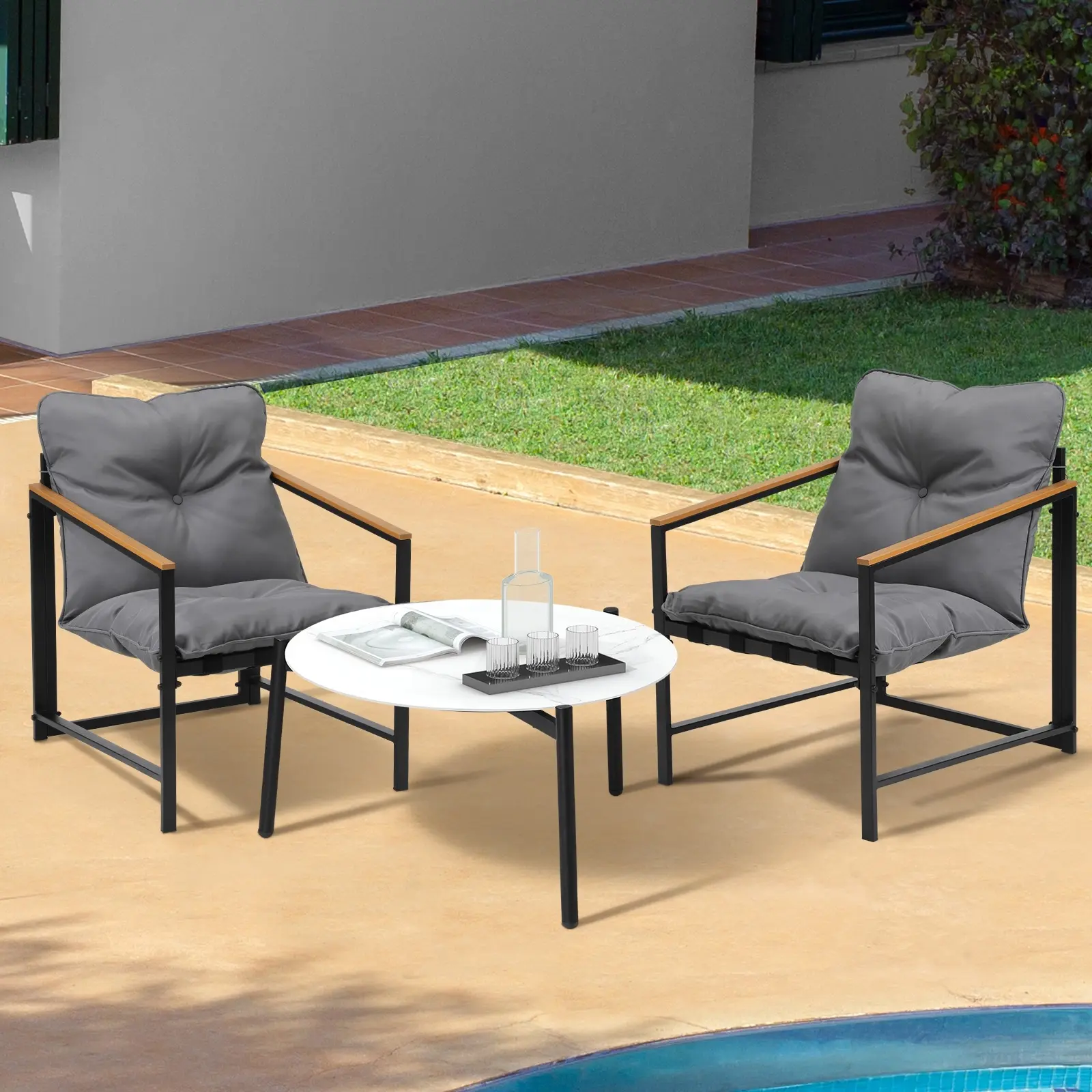 Livsip 3PC Outdoor Patio Furniture Set Bistro Sets 70CM Round White Marble Table