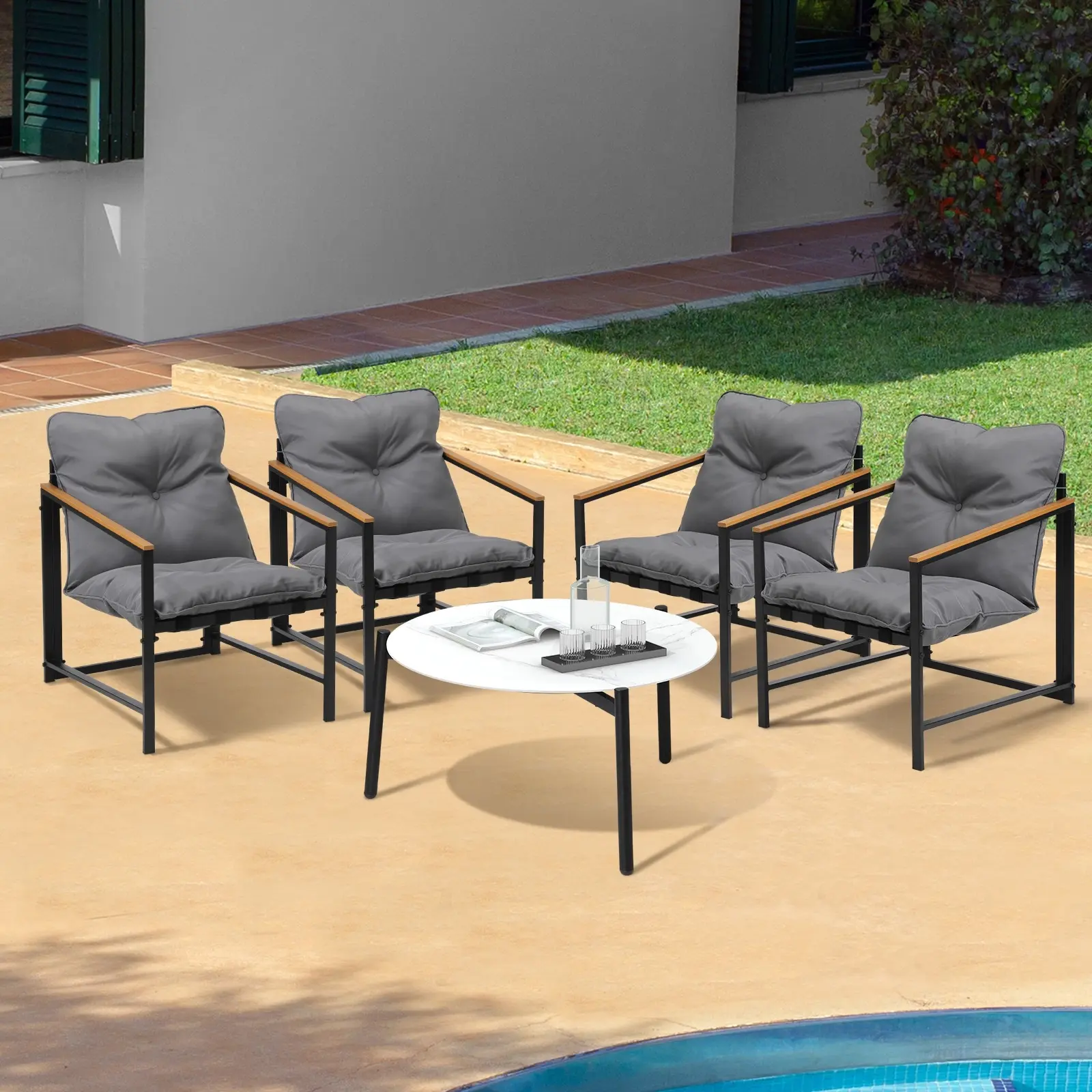 Livsip 5PC Outdoor Patio Furniture Set Bistro Sets 70CM Round White Marble Table