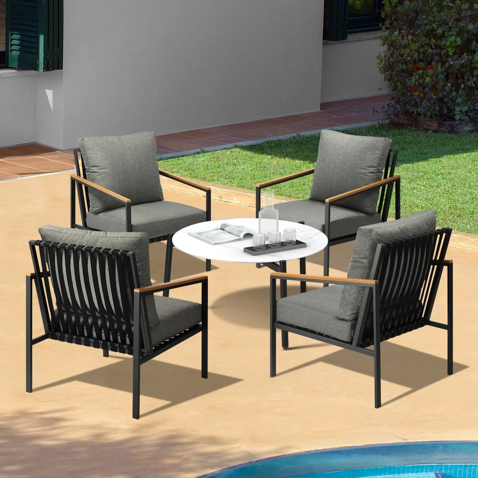 Livsip Outdoor Patio Lounge Set Furniture Coffee White 70cm Table Sofa Chairs5PC