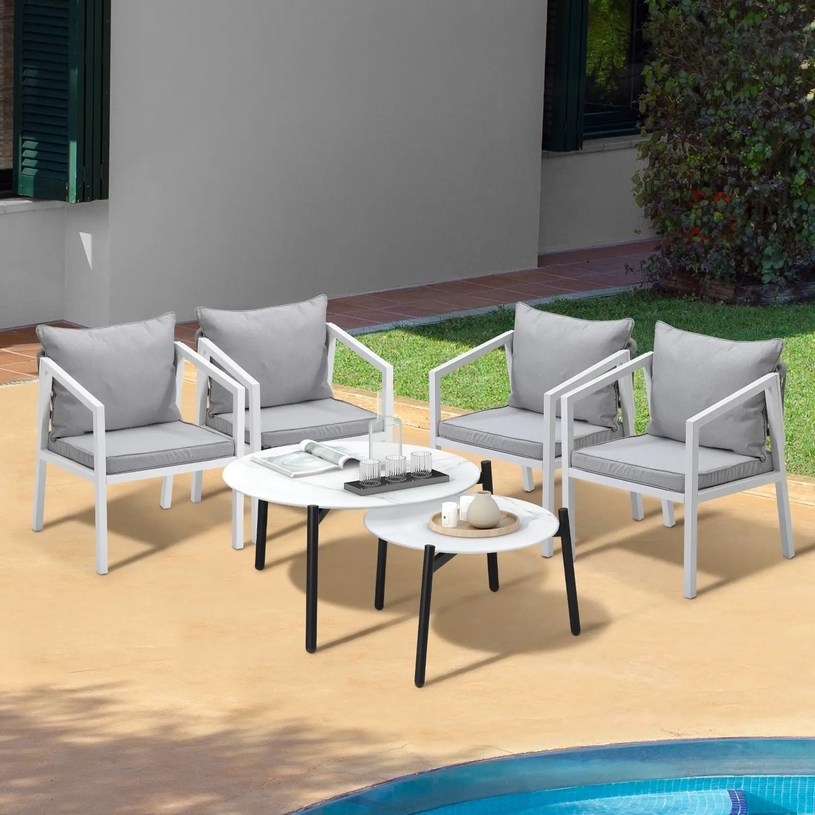 Livsip 6PCS Outdoor Patio Setting Furniture Lounge White 70cm Coffee Table Set ACCOR White Chairs - Up to 65% off Outdoor Furniture
