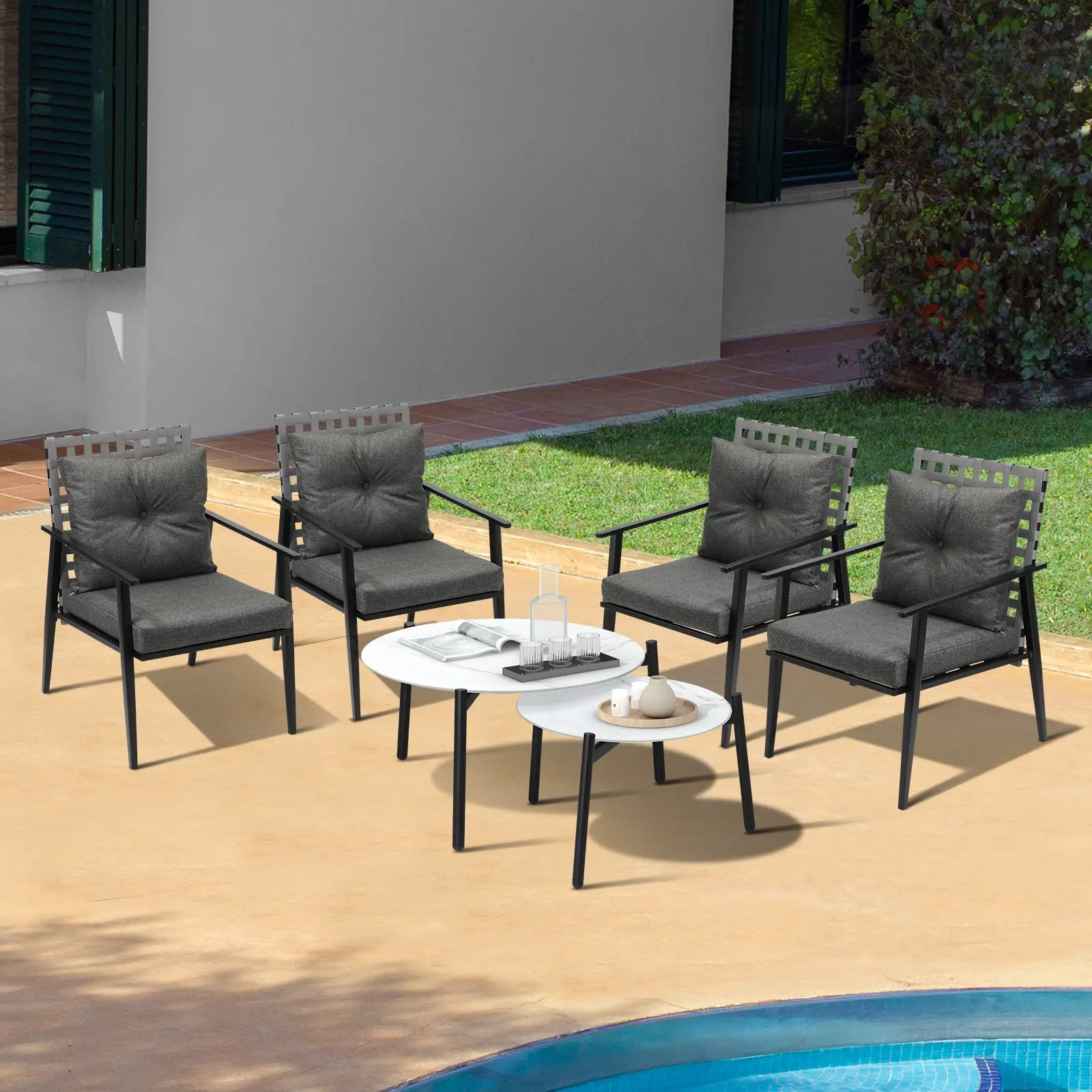 Livsip Outdoor Patio Lounge Set 2pc White Marble Table Sets 4pc Rattan Chairs - Furniture