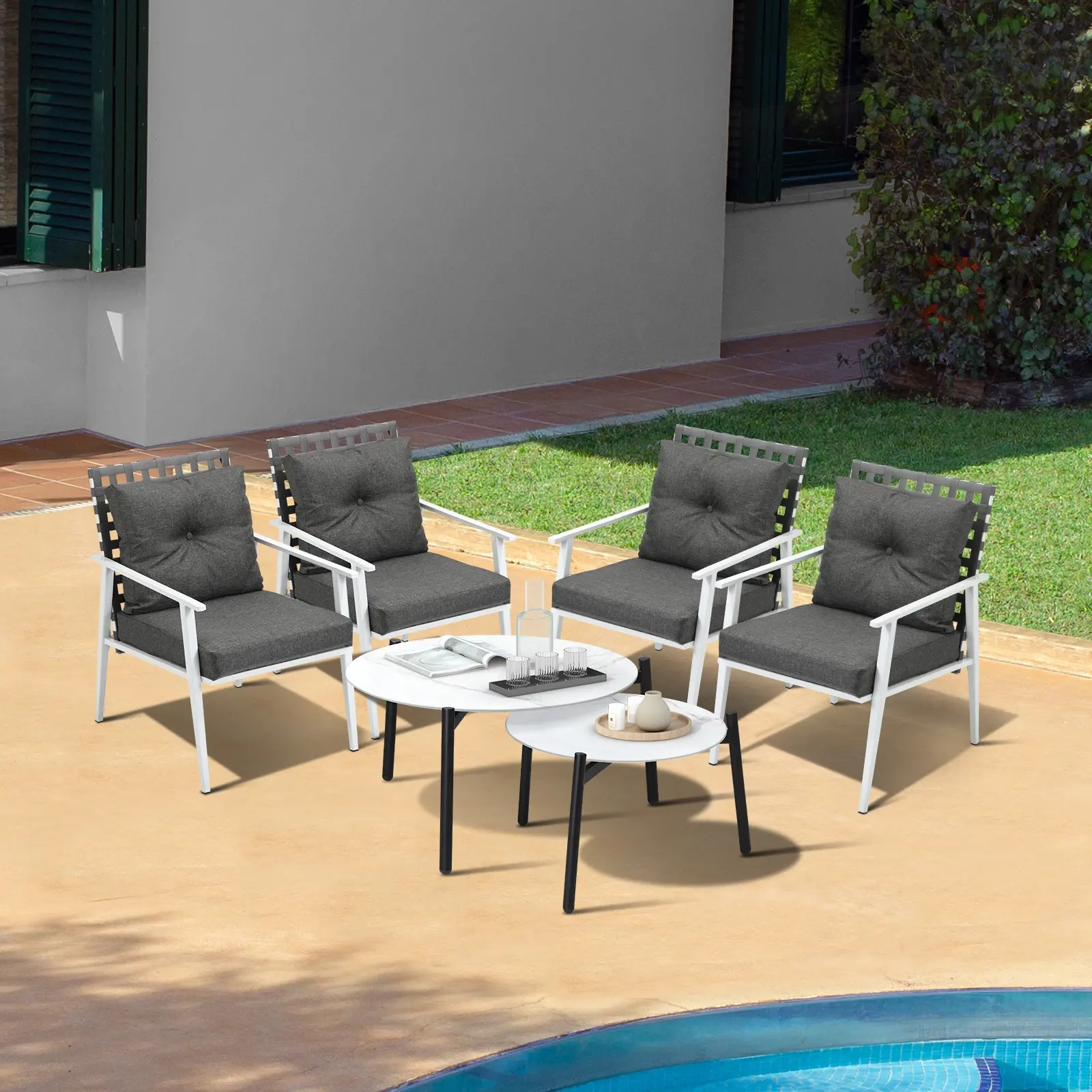 Livsip Outdoor Lounge Sets 6pc Patio Set White Round Table 4pc Rattan Chairs - Furniture