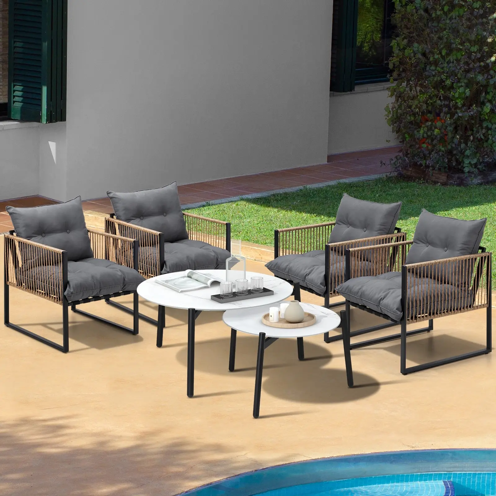 Livsip Outdoor Patio Setting Furniture White Coffee Table Set Rattan Chairs 6PCS