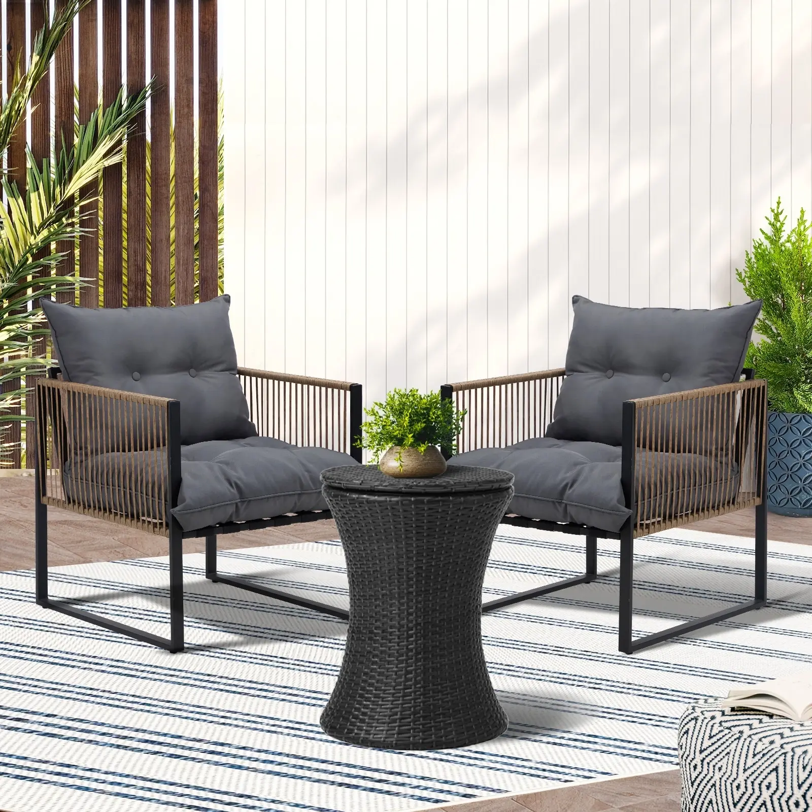 Livsip Outdoor Patio Set Ice Bucket Black Table Rattan Bistro Setting 3pcs - Furniture
