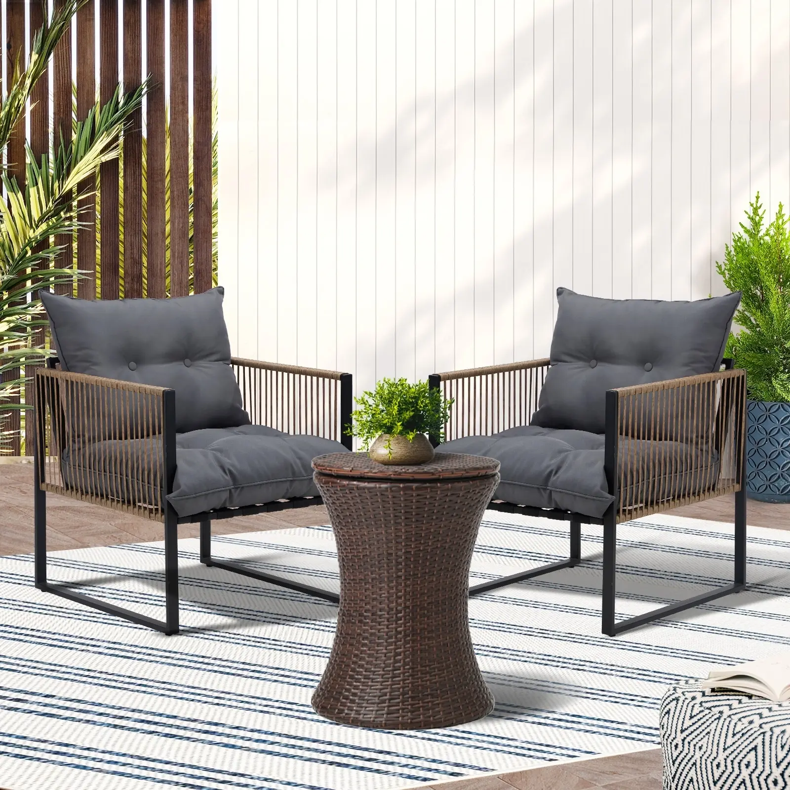 Livsip Outdoor Patio Set Ice Bucket Brown Table Rattan Bistro Setting 3pcs - Furniture