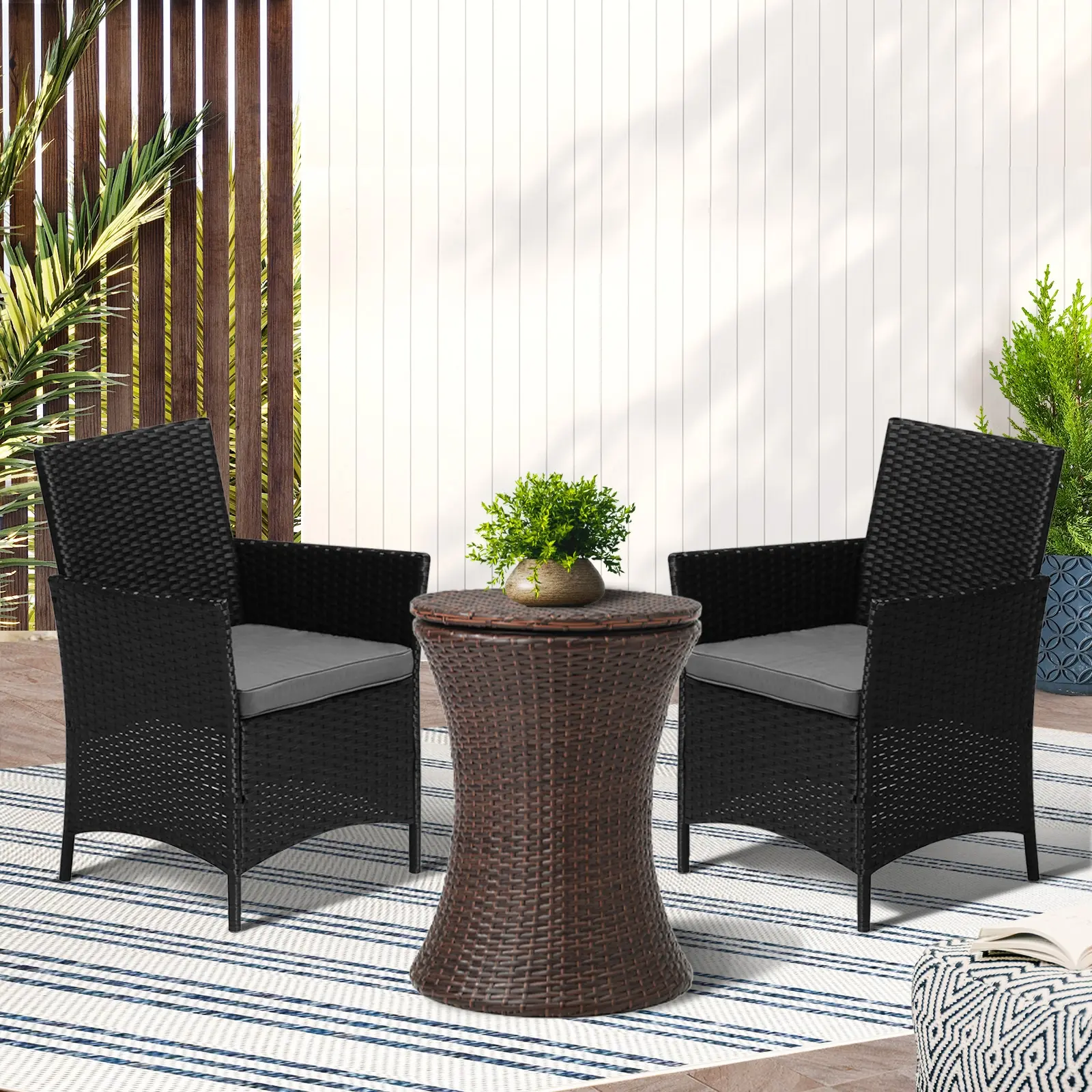 Livsip Outdoor Patio Set Ice Bucket Table Brown Bistro Setting 3pcs - Furniture