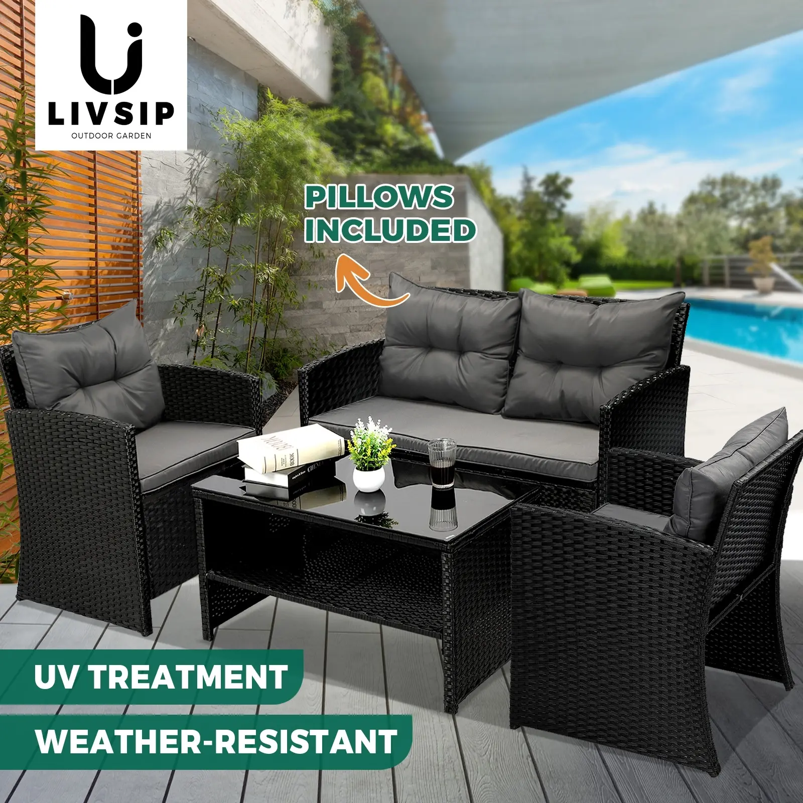 Livsip Outdoor Furniture 4 Piece Wicker Sofa Chair Table Dining Lounge Set - Up to 65% off Outdoor Furniture