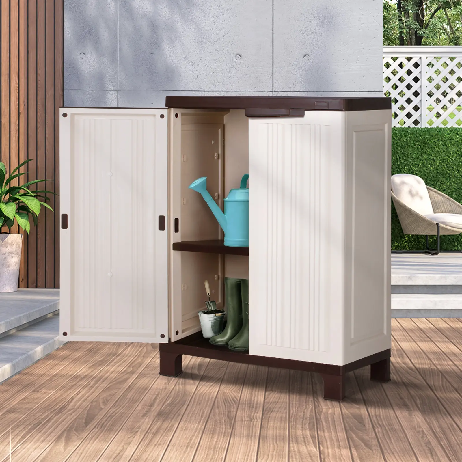 Livsip Outdoor Storage Cabinet Box Garden Garage Cupboard Adjustable Lockable Beige - Outdoor Storage Boxes - Up to 60% off