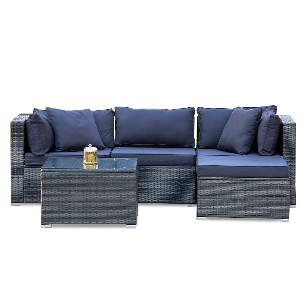 LONDON RATTAN 4 Seater Modular Outdoor Lounge Setting with Coffee Table, Ottoman, Grey - Furniture