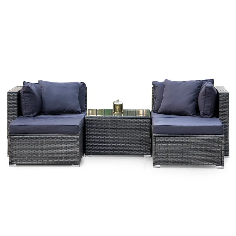 LONDON RATTAN 4 Seater Modular Outdoor Lounge Setting with Coffee Table, Ottomans, Grey - Furniture