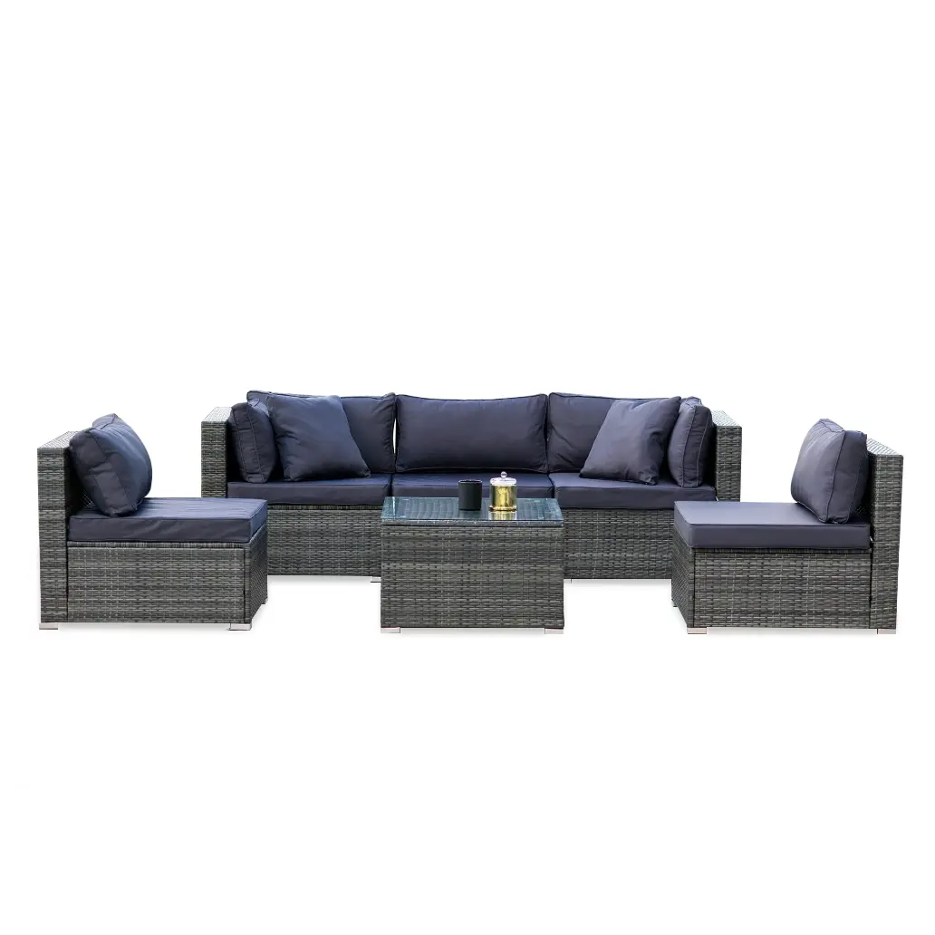 LONDON RATTAN 5 Seater Modular Outdoor Lounge Setting with Coffee Table, Grey - Furniture