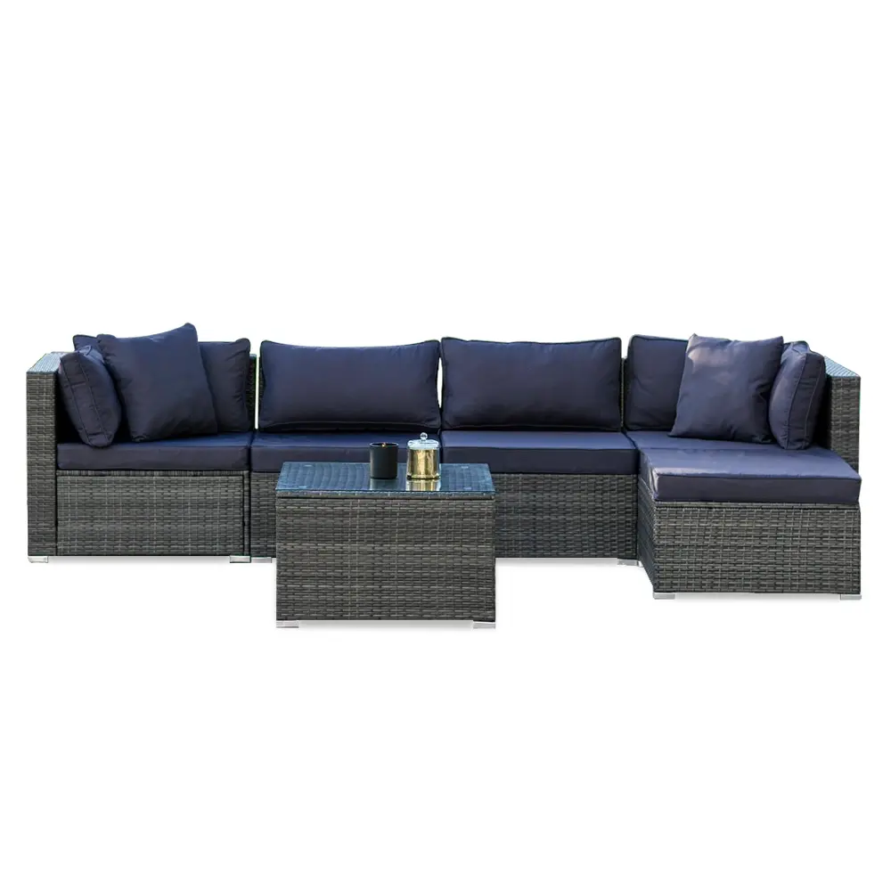 LONDON RATTAN 5 Seater Modular Outdoor Lounge Setting with Coffee Table, Ottoman, Grey - Furniture