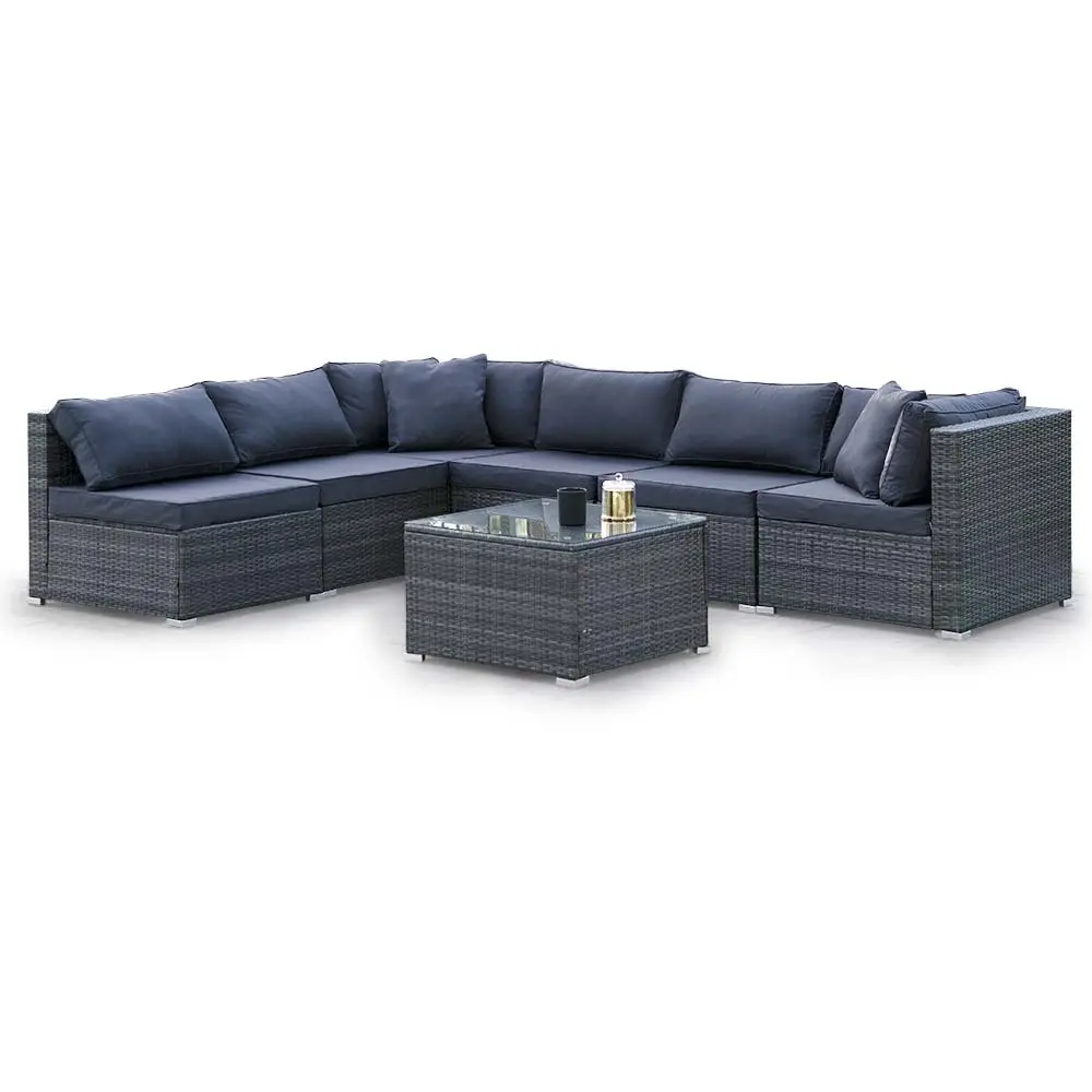 LONDON RATTAN 7 Piece 6 Seater Modular Outdoor Lounge Setting with Coffee Table, Grey - Furniture