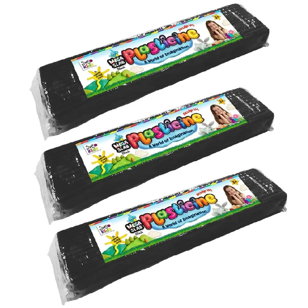 3x Craft for Kids Mega Slab Plasticine 500g Clay Block Art Craft Play Black 3y+ - Hobbies