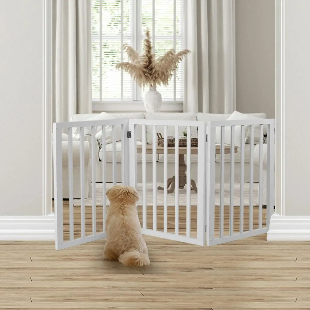 Wooden Pet Gate Dog Fence Retractable Barrier Portable Door 3 Panel White - Pets