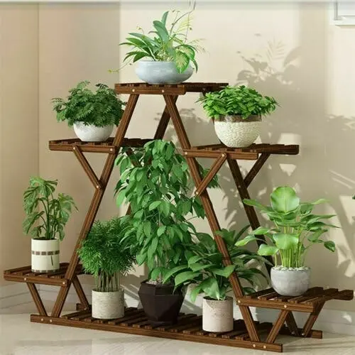 Fin Wood Plant Stand Indoor Outdoor Carbonized Triangle 6 Tiered Corner Plant Rack - Home & Garden