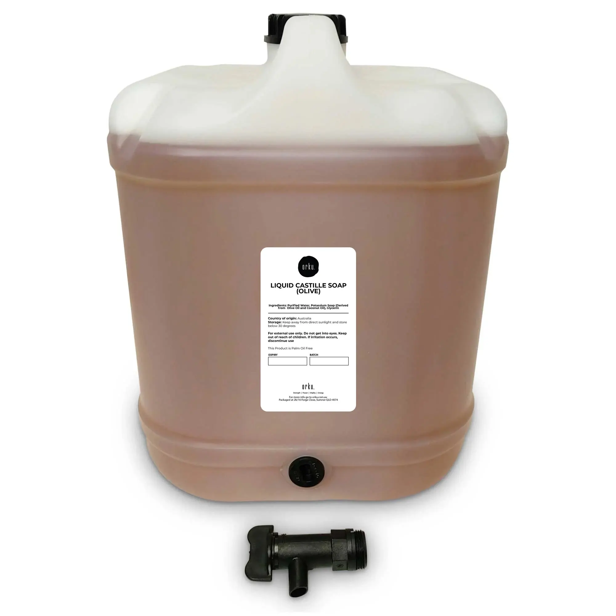 Orku 20L Liquid Castile Soap - Pure Unscented Natural Olive Oil Concentrate Bulk