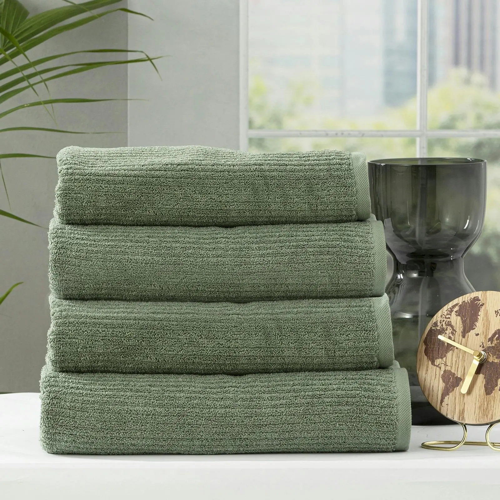 4pc Renee Taylor Cobblestone Shower/Bath Towel 140cm Cotton Ribbed 650 GSM Sage - Home & Garden