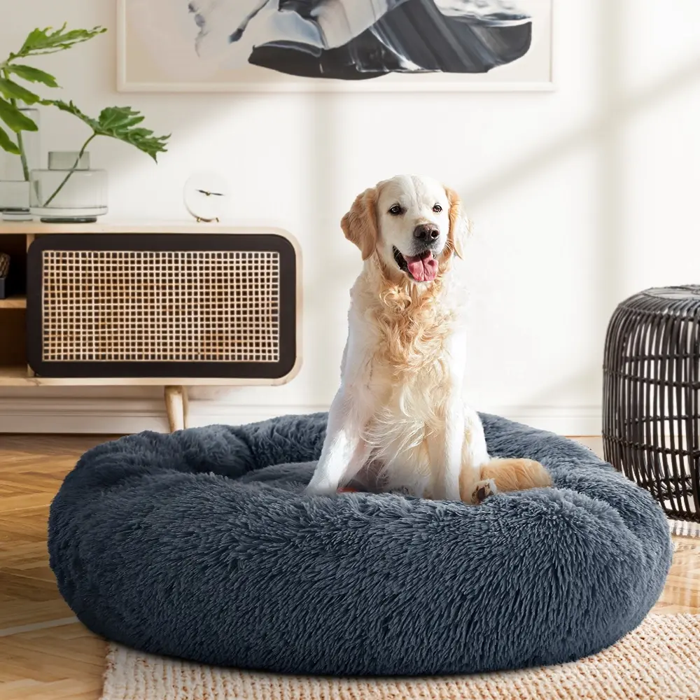 i.Pet Pet Bed Dog Cat 90cm Large Calming Soft Plush Bed Dark Grey - Pets