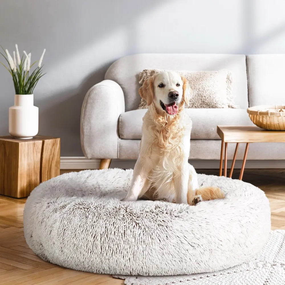 i.Pet Pet Bed Dog Cat 90cm Large Calming Soft Plush White Brown - Pets